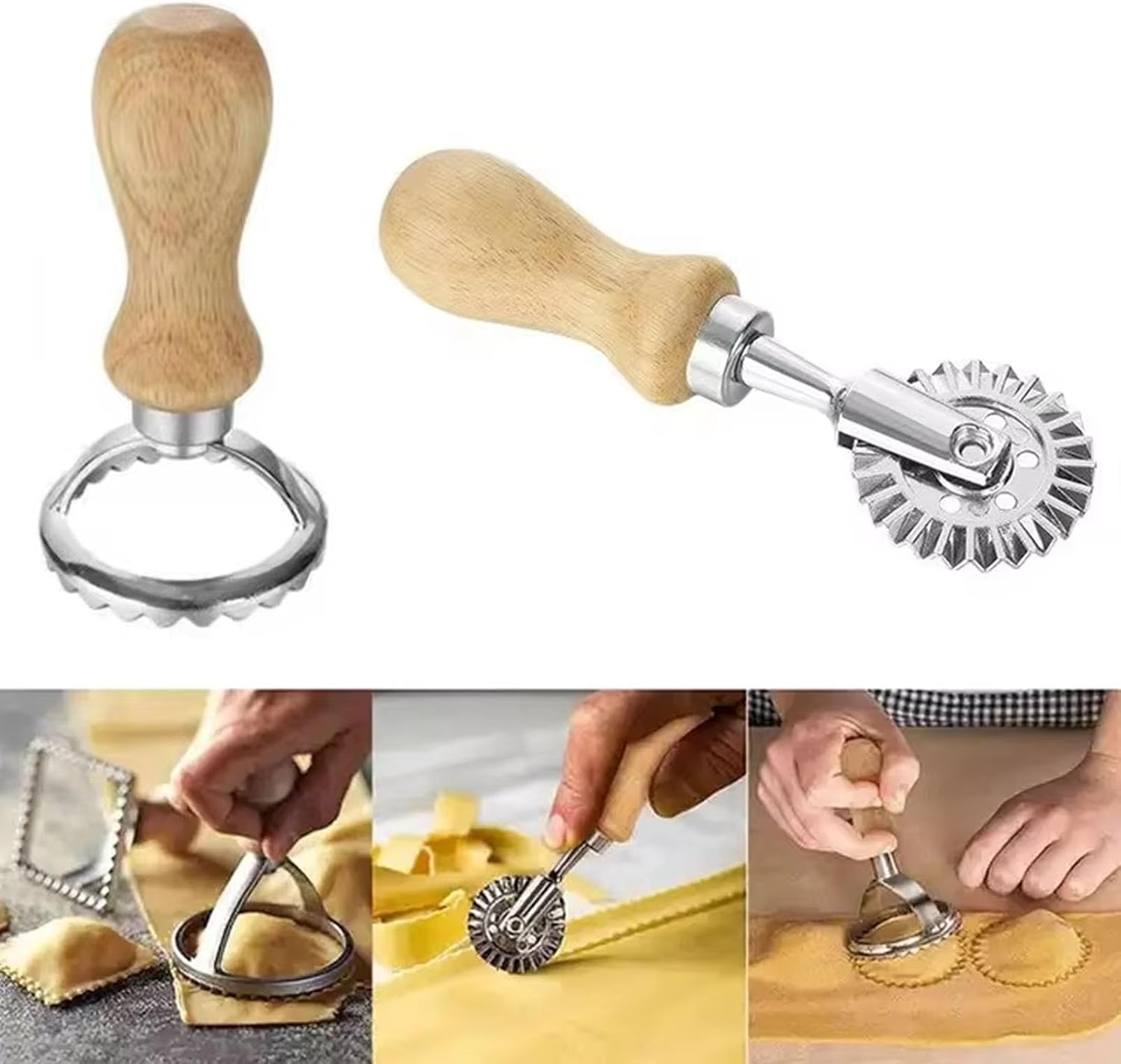 Ravioli Stamp Maker Cutter with Roller Wheel Set of 5, Wooden Handle Ravioli Maker Cutter with Roller Wheel, Pasta Press Wheel Dumplings Maker Tools