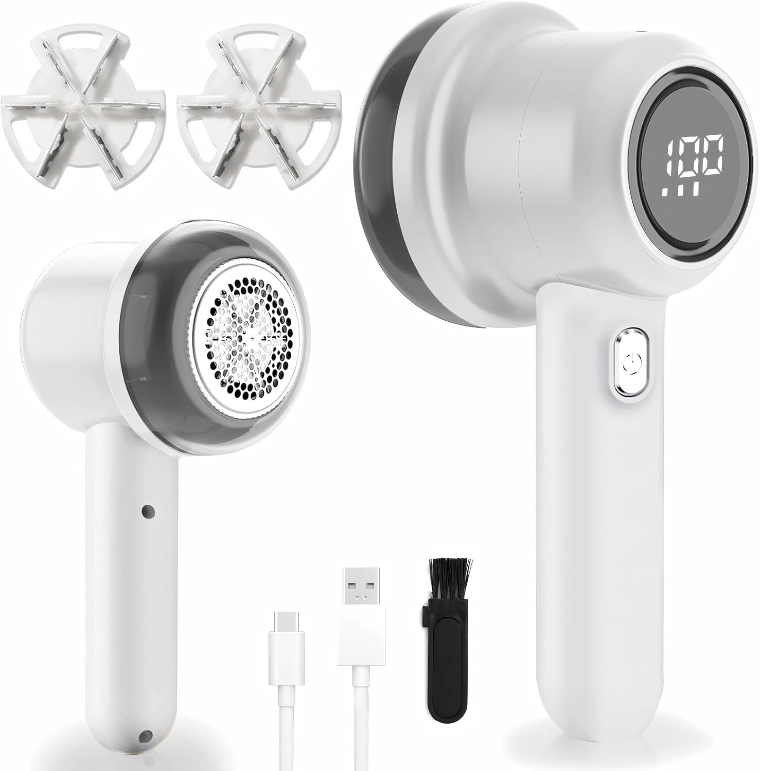 Fabric Shaver, Rechargeable Lint Remover, Portable Electric Sweater Defuzzer with 3 Speeds, 6 Leaf Blades, Digital LED Display to Remove Pilling for Clothes, Furniture, Sofa, Sweater, Blanket White