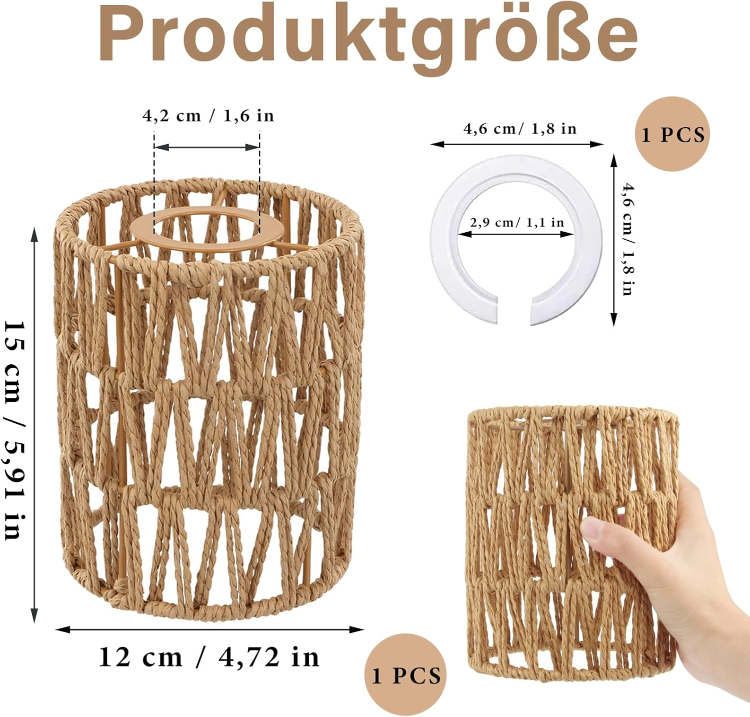 Rattan Lampshade Wicker 1 Piece Table Lamp Replacement Shade Accessories with 1 Adapter Ring Lampshade Boho Floor Lamp Pendant Light Shade for E27, E14 Floor Lamp, Table Lamp image number 4