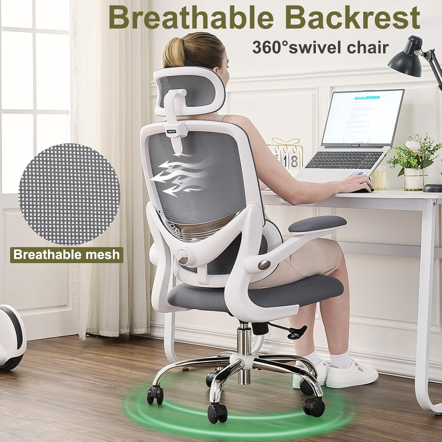 TONFARY Ergonomic Home Office Chair, High Back Mesh Desk Chair with Adjustable Lumbar Support, Flip-Up Armrest, Removable Headrest, Swivel Computer Gaming Chair, Space Saving, 150KG (White+Grey) - Black image number 4
