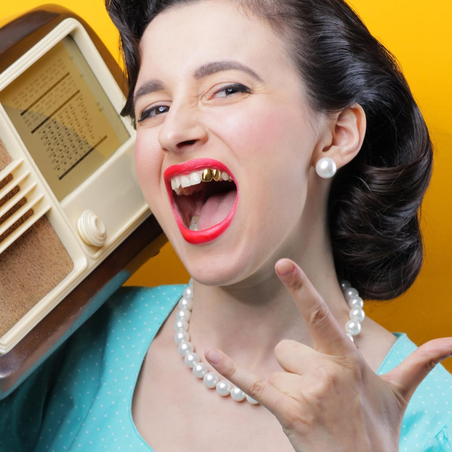 4 Pieces 18K Plated Gold Hip Hop Teeth Grillz Gold Teeth Fake Teeth Hip Hop Single Teeth Grillz Caps Top Grill image number 2