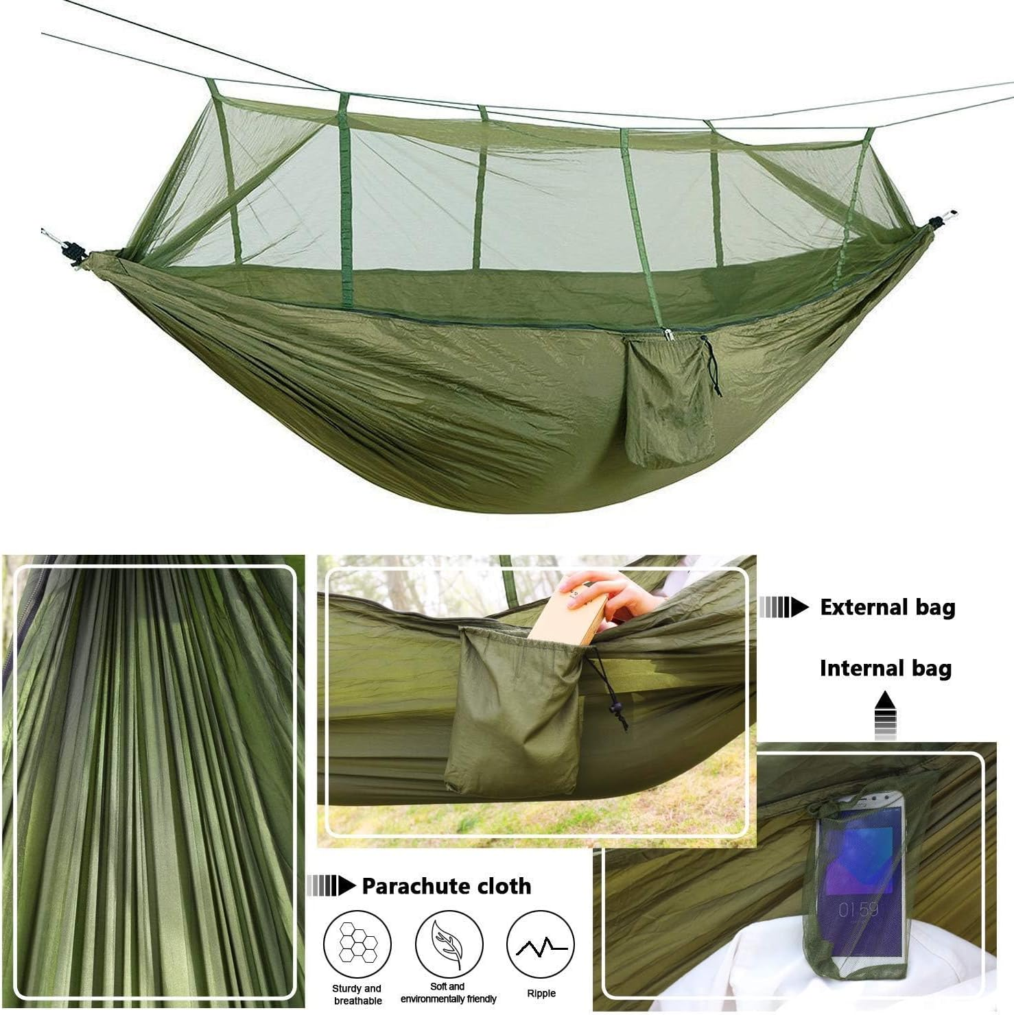 Camping Hammock with Net, Lightweight Portable Double Parachute Hammocks, 210T Nylon, High Capacity and Tear Resistance, Perfect for Camping, Backyard Relaxation (Armygreen) image number 3