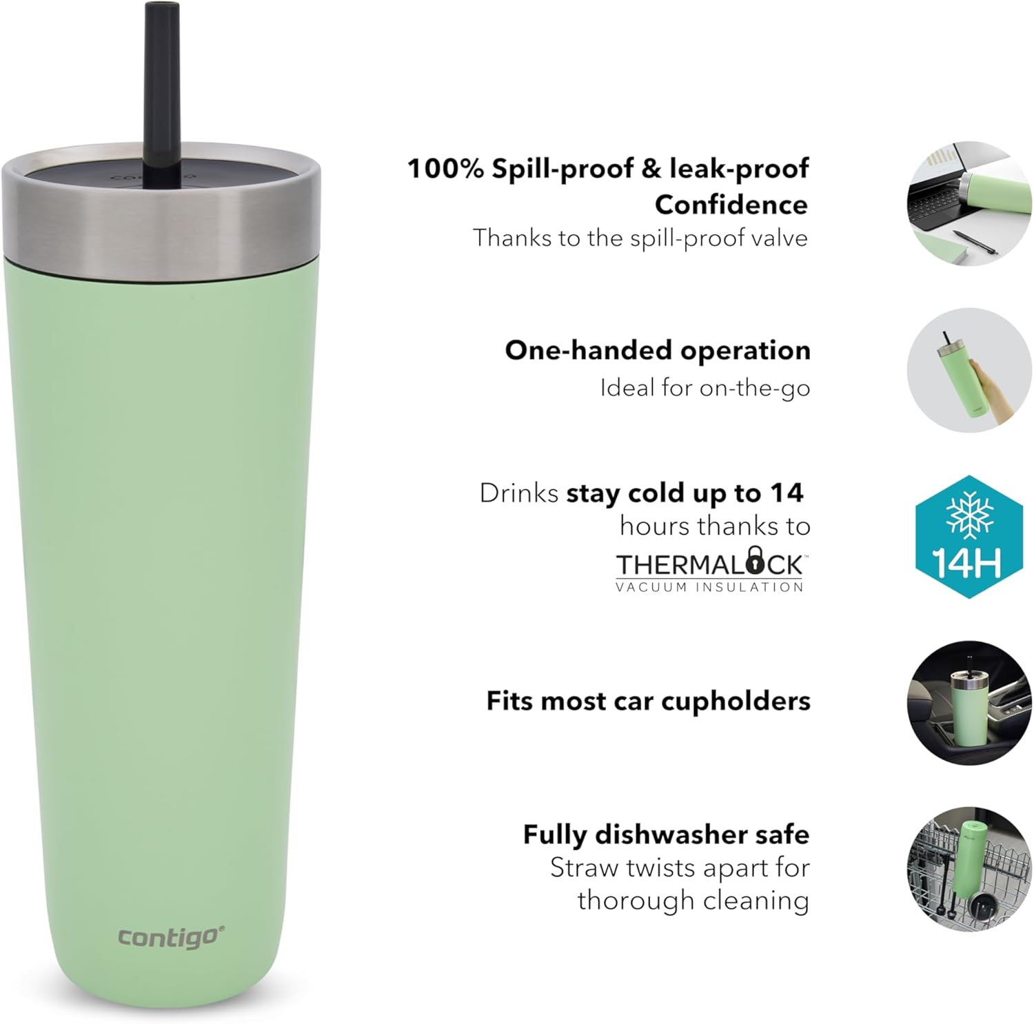 Contigo No-Spill Tumbler with Straw 720 Ml | 100% Leak-Proof & Spill-Proof | Stainless Steel Vacuum Insulated Water Bottle with Lid | Cold for 14 Hours | Travel Mug | Thermal Flask | BPA Free - Cucumber image number 5