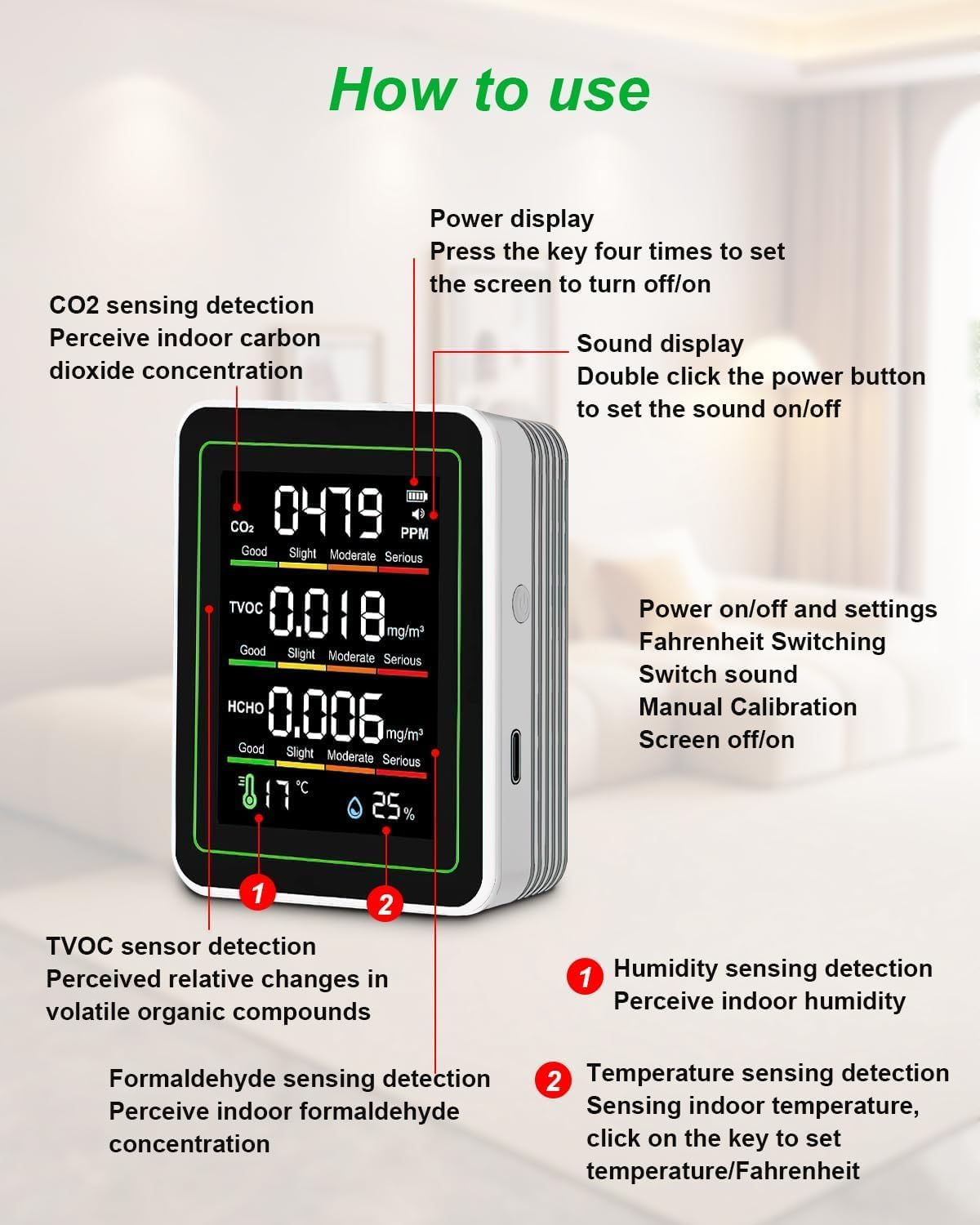 Indoor Air Quality Monitor, 5-In-1 Portable CO2 Carbon Dioxide Detector, 1200Mah Powerful Battery CO2 Monitor for CO2 | TVOC | HCHO | Temp | Hum for Home Cars Plants and Pets so On image number 6