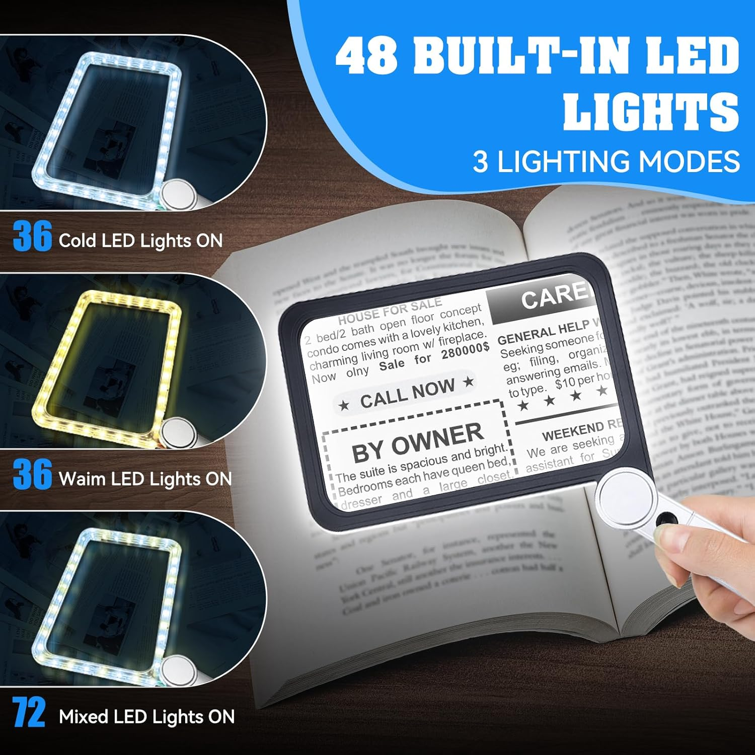 5X Large Magnifying Glass with Adjustable LED Light, 48LED Cold/Warm Light 3 Modes, Watch Repair Tools & Kits, Loupe Handheld Magnifier for Seniors Reading Watch Repair Soldering Close Work image number 5