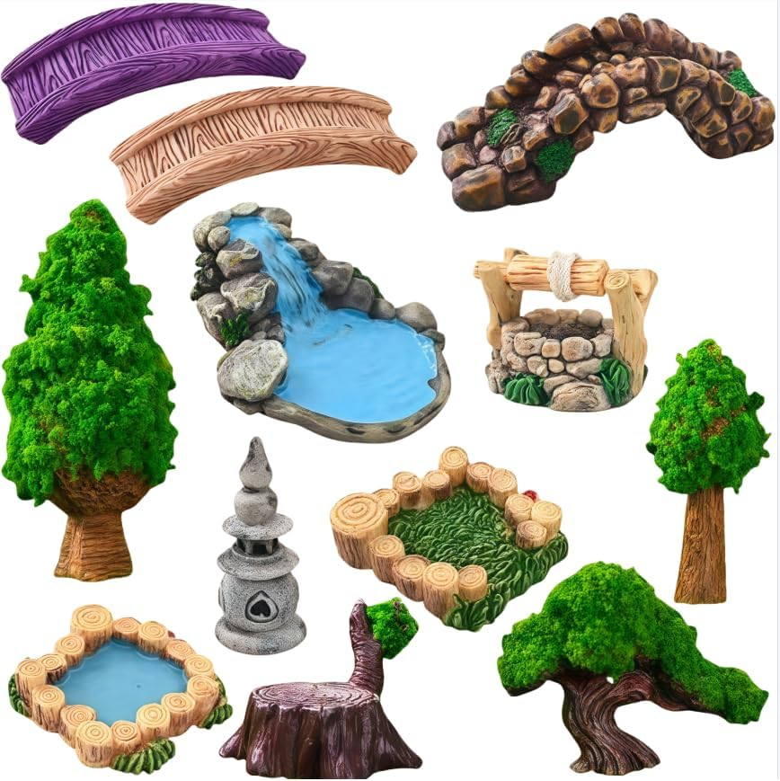 Miniature Bridge Figurines Pond Lawn Garden Ornament Figurines, 12Pcs Mini Lighthouse Water Well Bridge,Miniature Pond Lawn Garden Ornament Figurine, Garden Miniatures Mridge Ornaments
