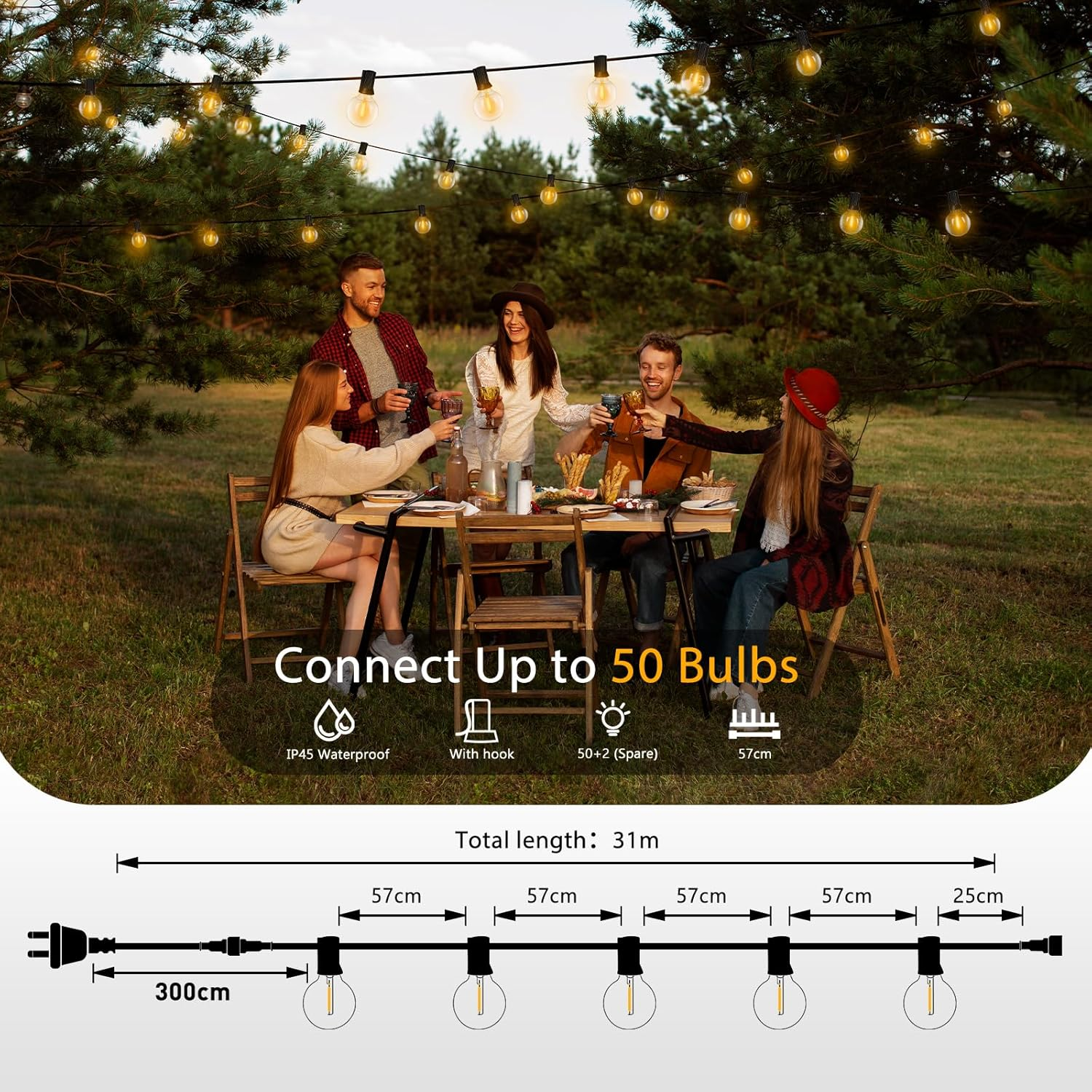 Roshin 31M Festoon Lights Outdoor 50+2 with 3M Extension Cord - Outdoor String Lights Waterproof and Shatterproof Fairy Light for Christmas, Garden, Party, Camping, Backyard, Patio (G40) image number 6