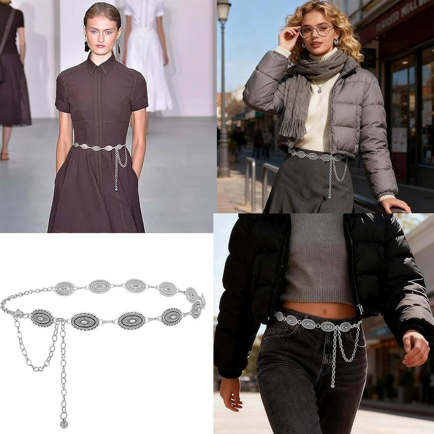 Silver Belt, Chain Belt, Western Oval Adjustablewaist Chain for Women, Small Oval Design, Boho Western Style Accessory, Perfect for Dresses and Jeans image number 3