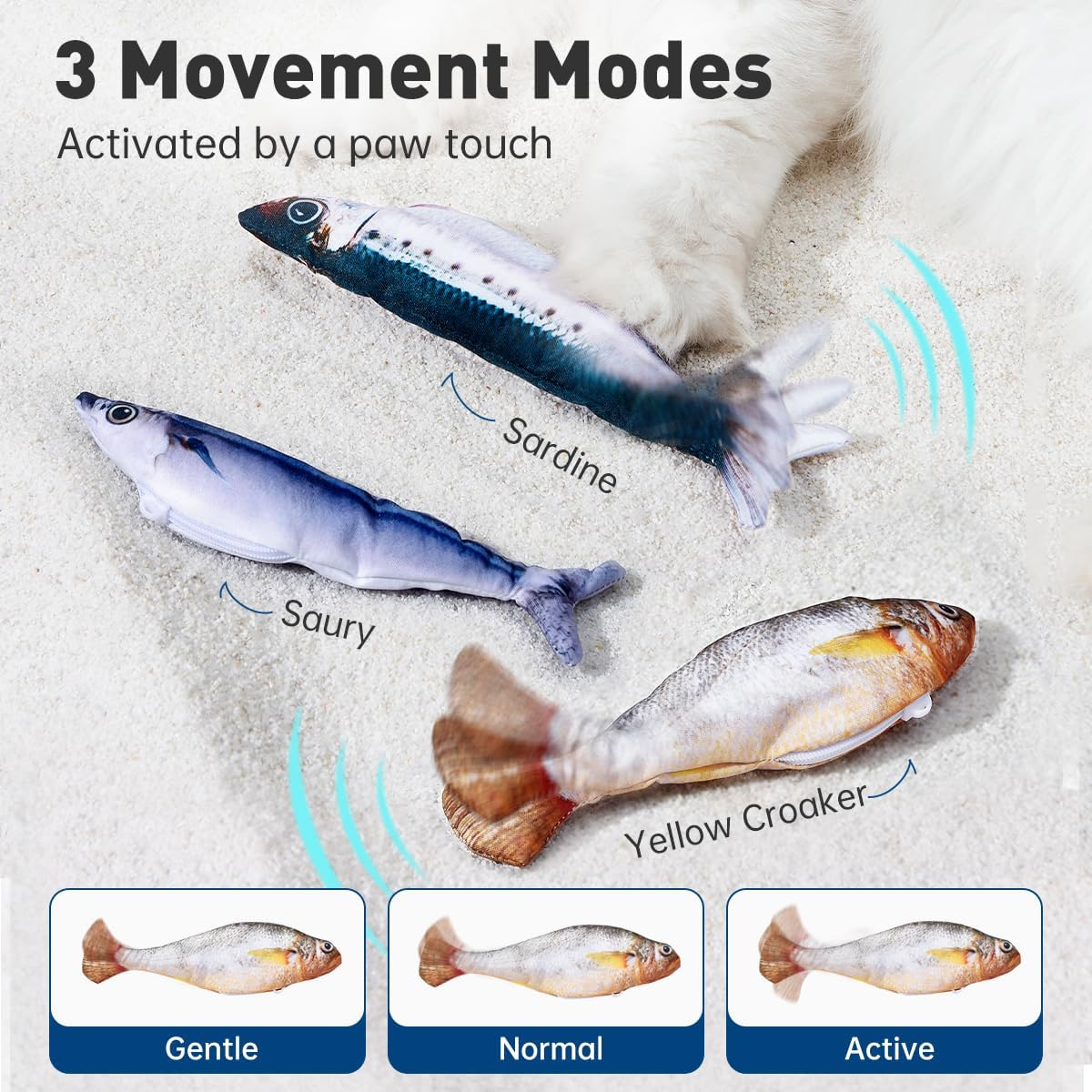 Petgravity Bite-Sized Realistic Flopping Fish Cat Toys, 3 Pack, Interactive Cat Toys for All Breeds, Tap-Activated 3 Flapping Mode, Sardine/Saury/Yellow Croaker, 7.1 Inches, with Catnip, Rechargeable image number 4