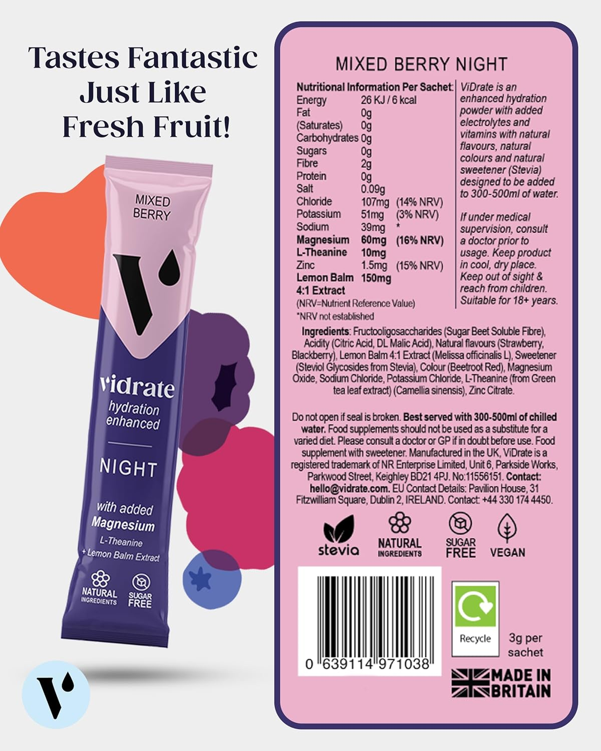 Vidrate Electrolyte Powder Hydration Sachets - Hydration Powder Packs with Vitamins - Zero Sugar, No Artificial Sweeteners or Preservatives - 8 Electrolyte Sachets, Night Time Mixed Berry image number 3