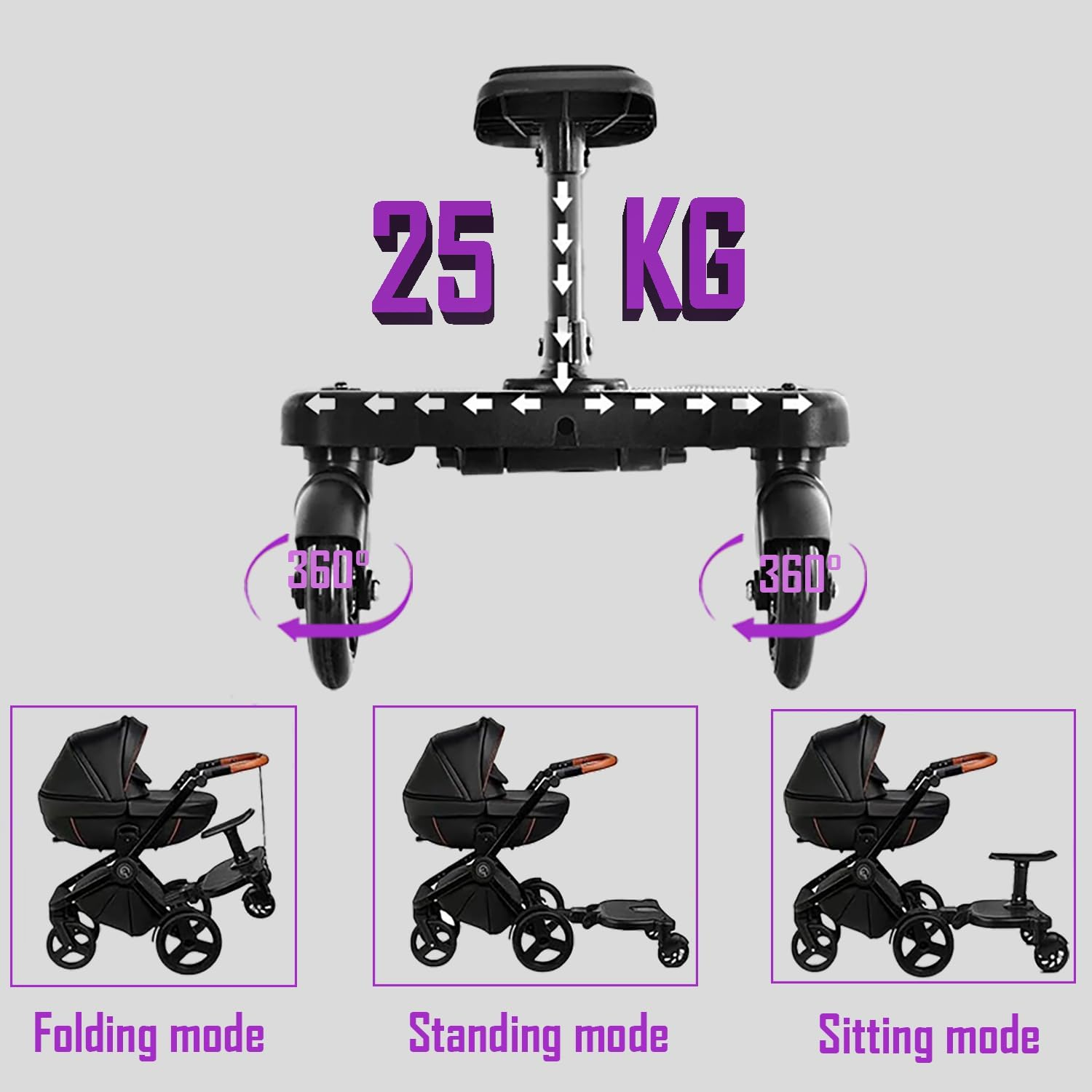Universal Toddlers Stroller Board Kids Buggy Pushchair Jogger Travel Pram Buggy Board 2In1 Detachable Seat or Stand Ride-On Connector Pram Accessories