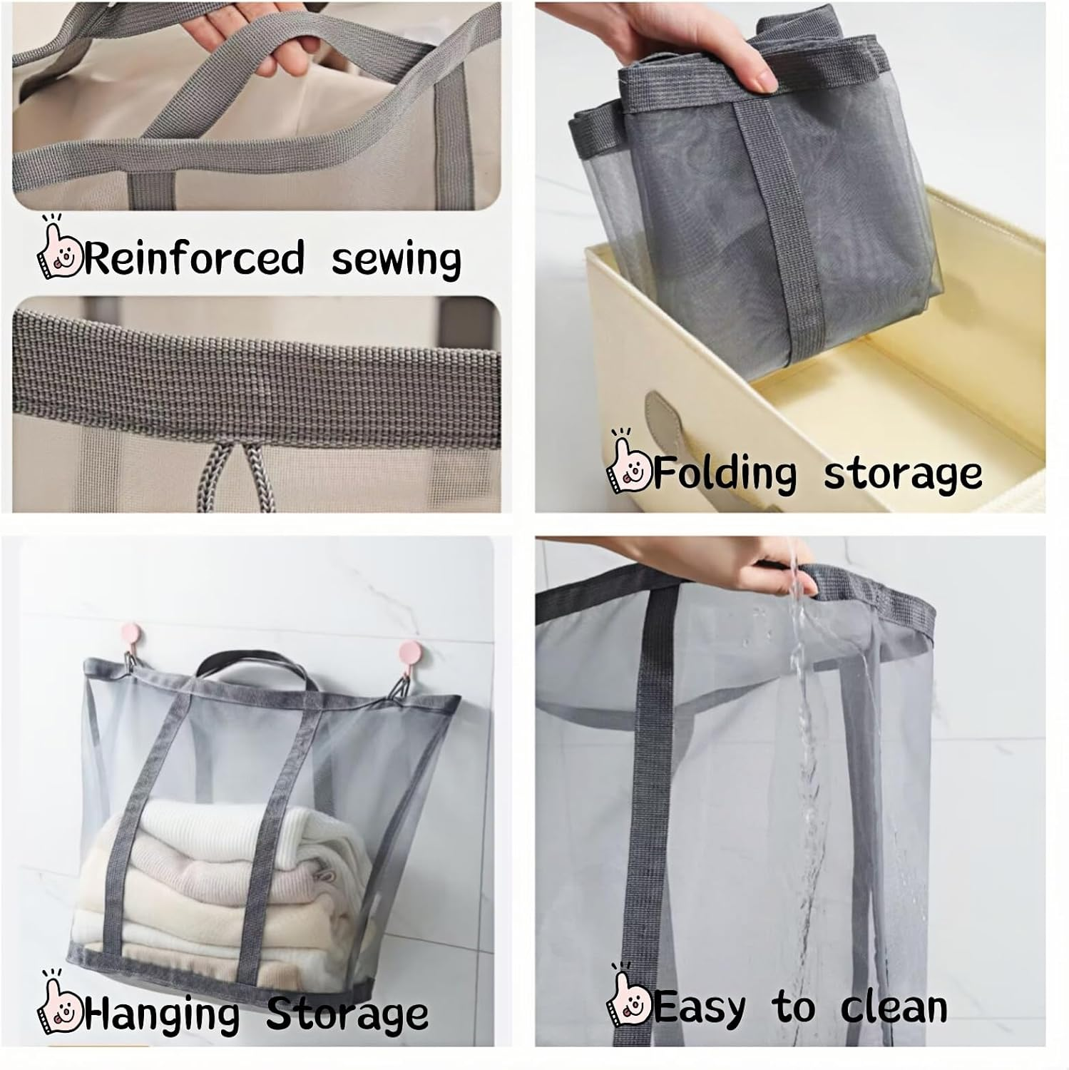 Foldable Mesh Laundry Hamper Bag with Handles - Breathable Collapsible Clothes & Toy Storage Basket for Bathroom, Bedroom, Beach, Travel (Grey) image number 1