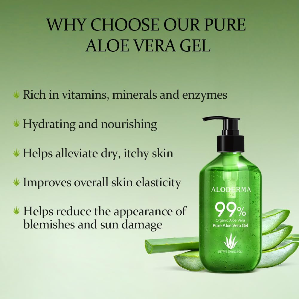 Aloderma 99% Organic Aloe Vera Gel, Bottled within 12 Hours of Harvest (300G, 313Ml), No Sticky Residue - No Powder Concentrates or Water Added - Eco-Friendly