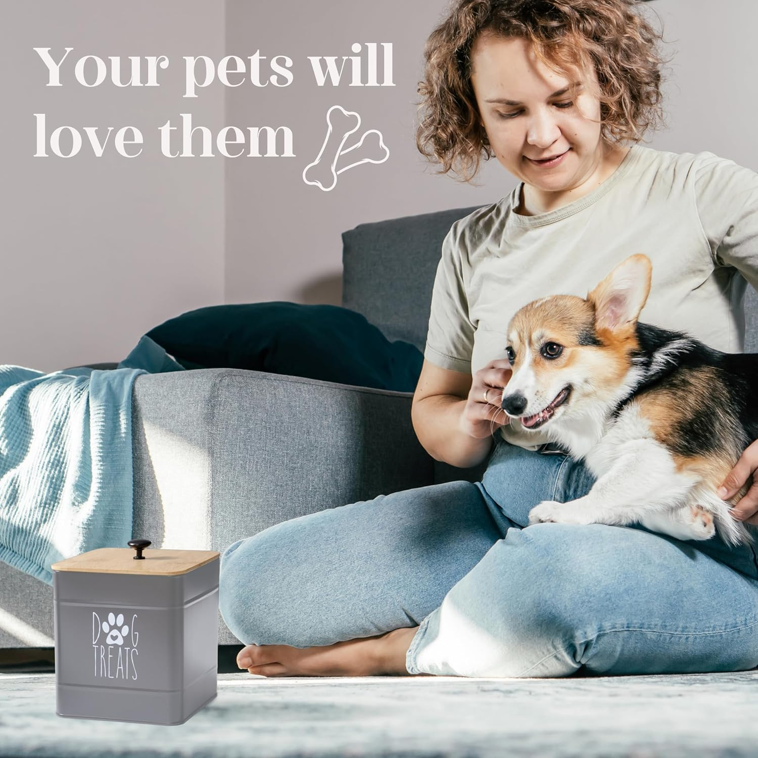 PERFNIQUE Dog Treat Container Set of 2 with Airtight Lid, Dog Cookie Jar for Kitchen Counter, Pet Treat Canister and Storage, 7.8X6.2 & 7.3X5.5 (Grey)