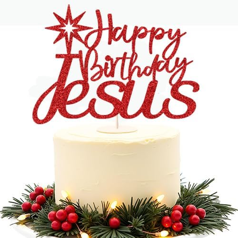 Sparkling Happy Birthday Jesus Cake Toppers - Jesus Birthday, Good Friday Cake Decoration、 Easter Party Decorations, Christmas Party Decoration Supplies (Red) - 3 image number 7