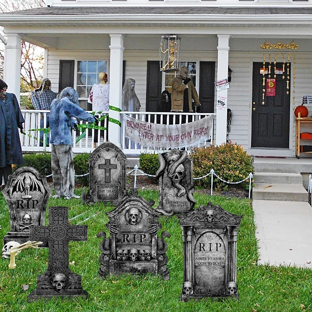 Halloween Decorations Outdoor Tombstones Halloween Gravestones Decor Large Graveyard Decorations Realistic Scary Skeleton Tombstone Cemetery Grave Signs for Halloween Party Yard Lawn Outside image number 4