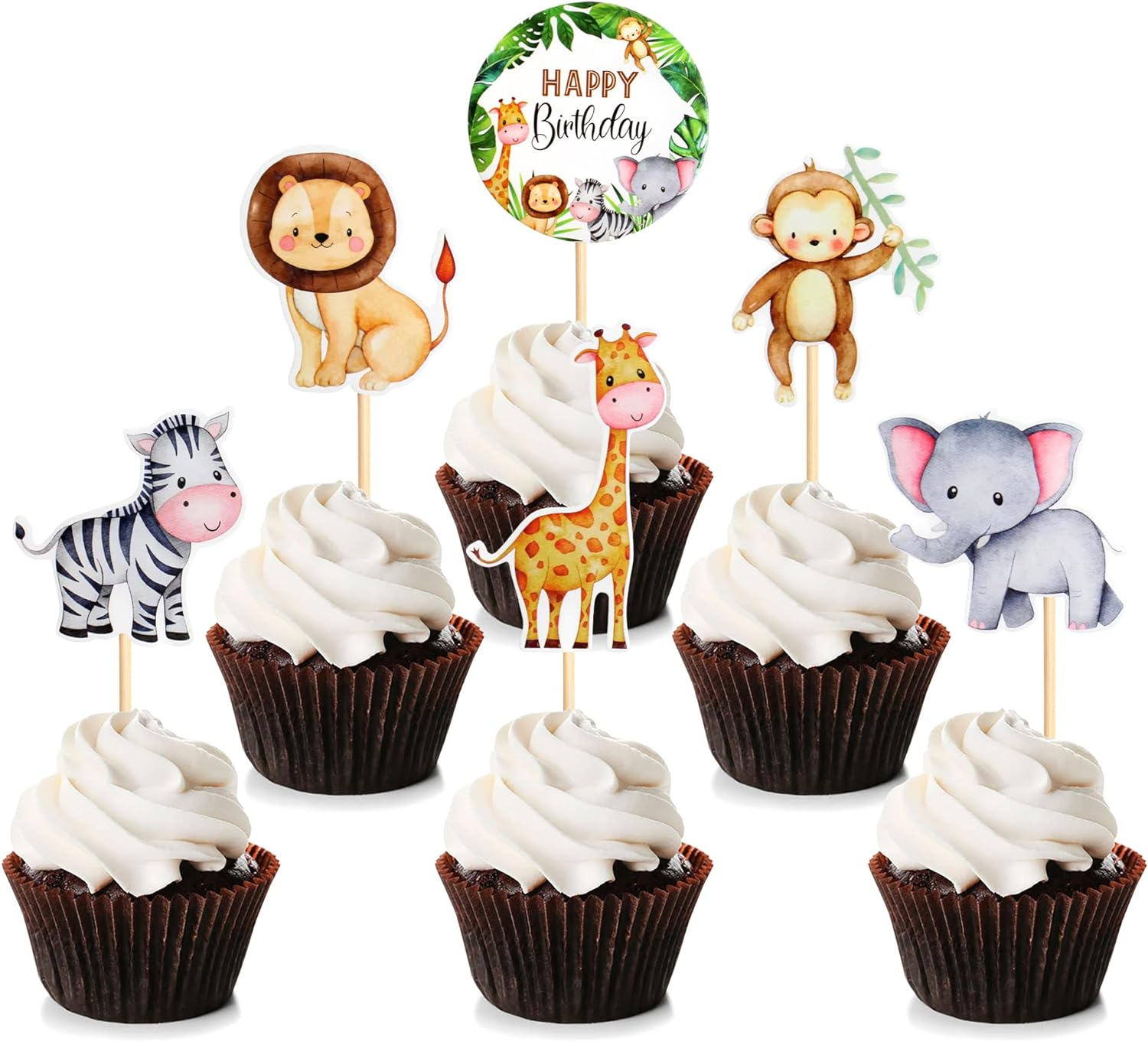 24Pcs Jungle Safari Animal Theme Cupcake Toppers Dessert Muffin Cake Picks Cake Decoration for Jungle Safari Themed Party Baby Shower or Birthday Party Decoration