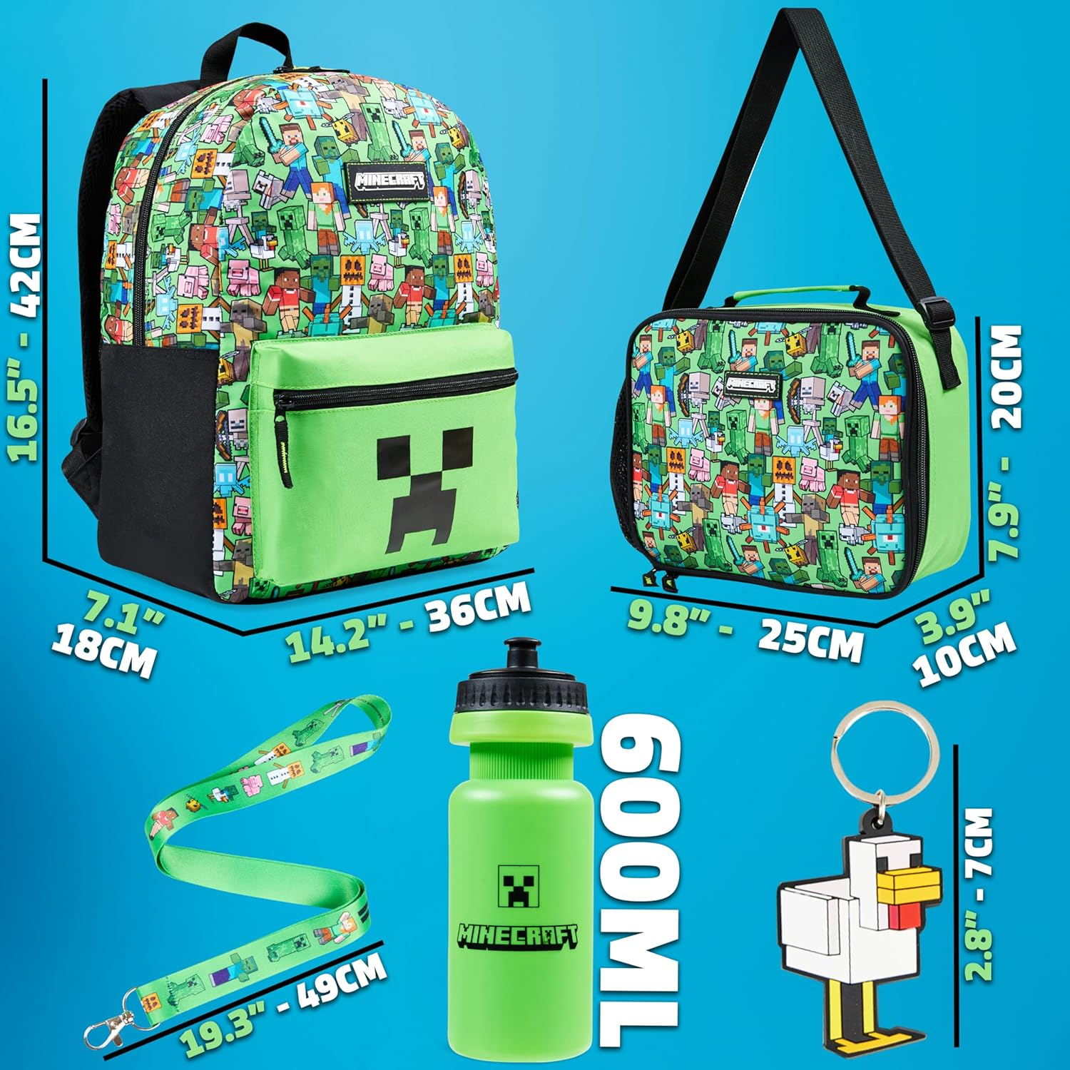 Minecraft Backpack Set 5 Pcs Water Bottle Insulated Lunch Bag Pencil Case Drawstring Bag or Lanyard Keyring School Supplies, Green AOP, Set of 5, Backpack Set 5 Pcs image number 5