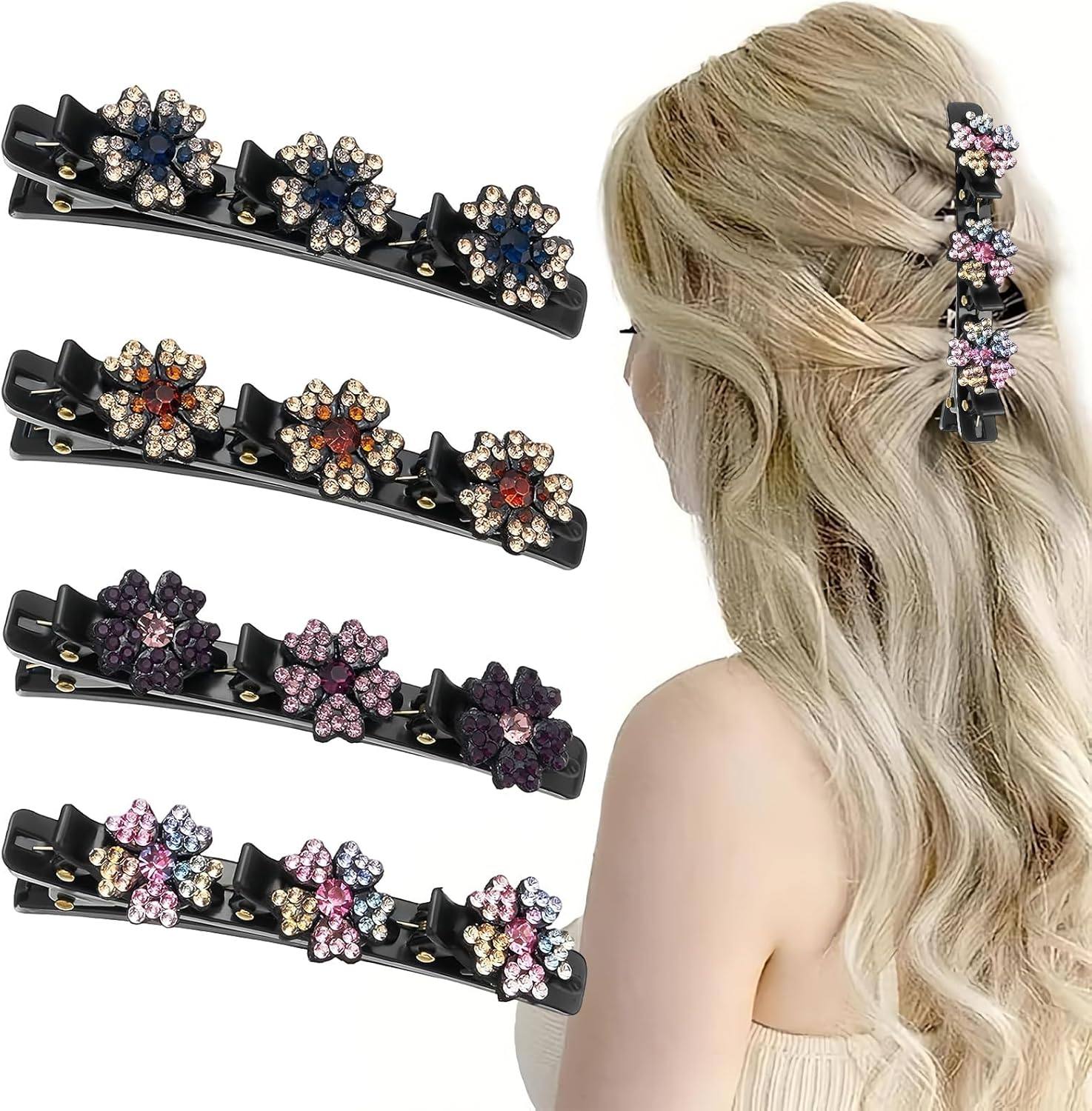HSUYUN Pack of 4 Sparkling Double Layer Hair Clips, Women'S Stylish Hair Clips, Flower Hair Clips, Double Layer Structure Hair Clip, Suitable for Daily Classes, Work and Dance Performances image number 2