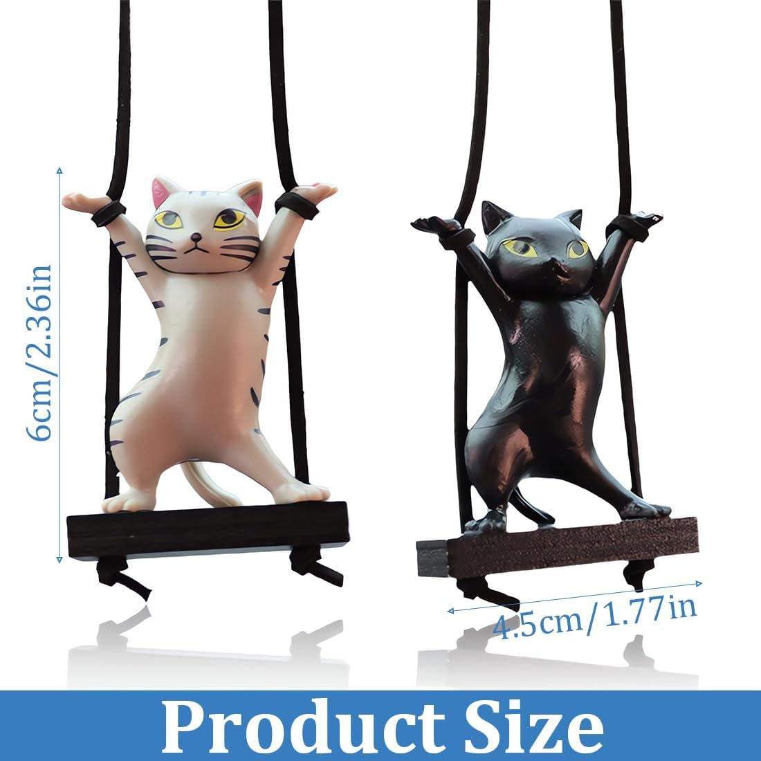 Swing Cat Car Interior Decoration, Pack of 2 Car Accessories for Hanging, Car Mirror Hanging, Bobble Head Figure, Car Decoration, for Car Mirrors, for Men and Women, Black, Grey image number 3
