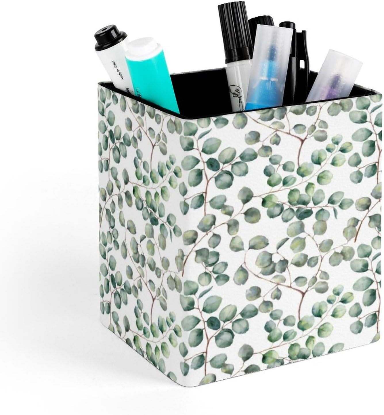 Quteprint Square Pencil Holder, Eucalyptus Green Leaves Plant Pen Holder for Desk, PU Office Pen Organizer Desk Accessories Pencil Cup Desktop Stationery Storage Makeup Brush Holder for Home Bathroom image number 1