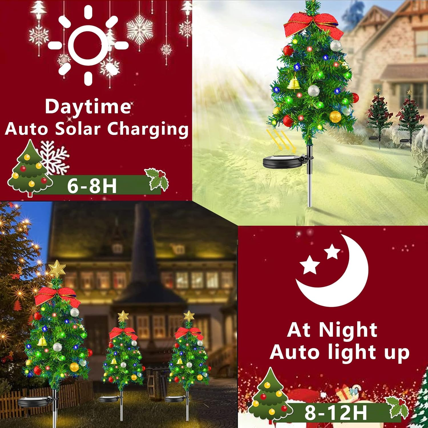 2PCS Solar Christmas Tree Light Outdoor Waterproof,26.7 Inch Solar Tree Lights with LED Four Color Decorated Prelit Gift Boxes & Ornaments for Pathway Patio Yard Garden Cemetery image number 3