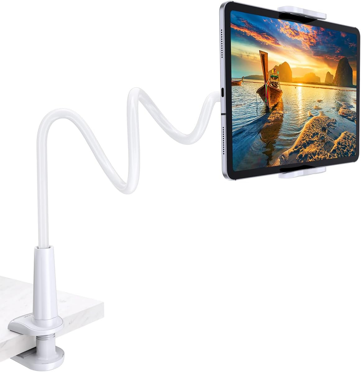 Gooseneck Tablet Holder Stand for Bed: Tryone Adjustable Flexible Arm Tablets Mount Clamp on Table Compatible with Ipad Air Mini | Galaxy Tabs | Kindle Fire | Switch or Other 4.7-10.5" Devices(Black)