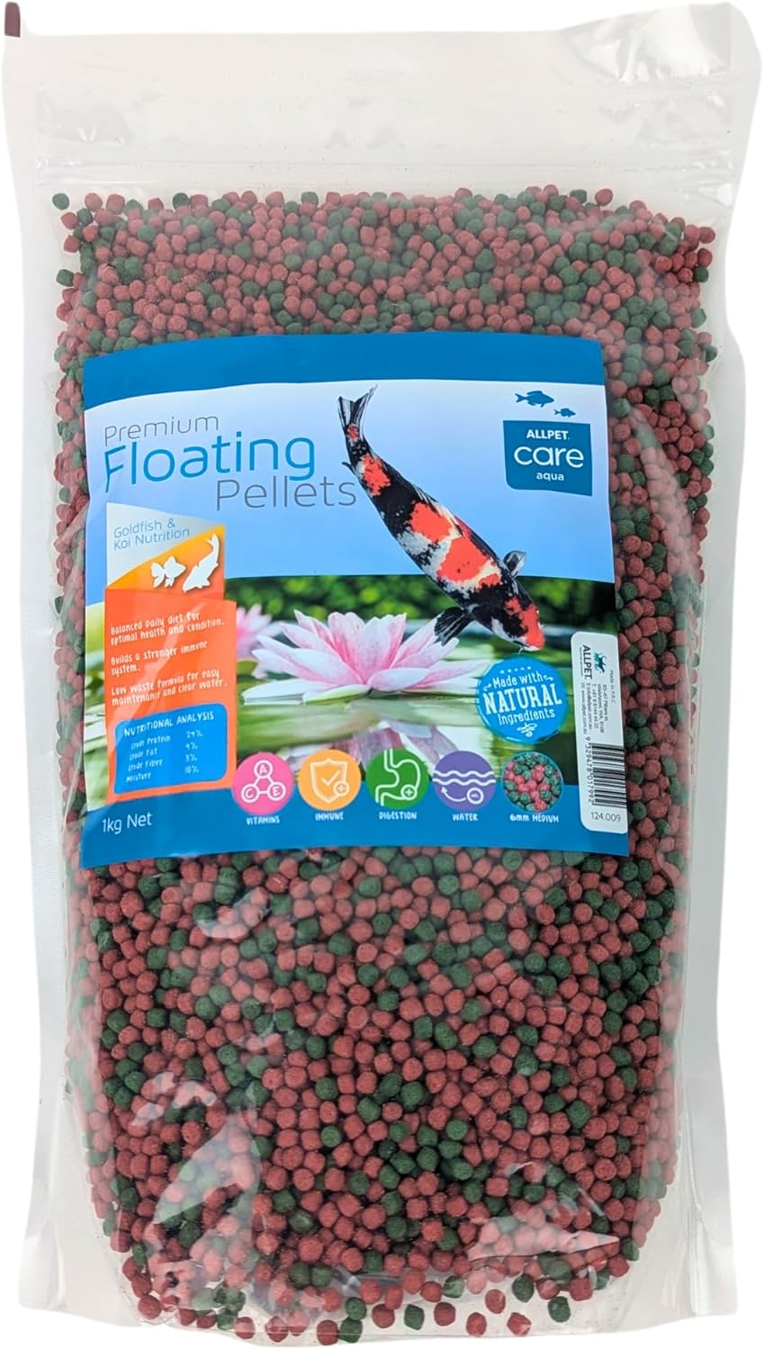 Aqua Care Premium Floating Pellets, Fish Food for Goldfish & Koi, 1Kg - Natural Ingredients, Balanced Nutrition, Reduces Water Pollution, Builds a Stronger Immune System, 6Mm Medium