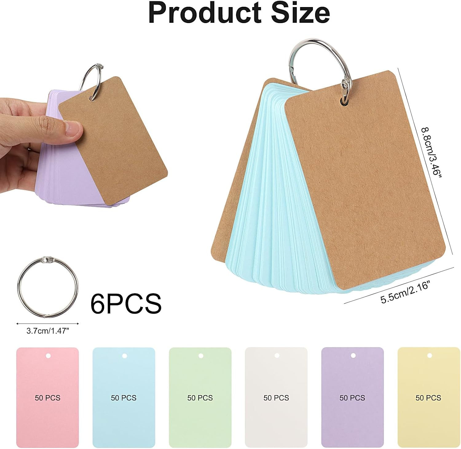 300 Pcs Blank Flash Cards with Binder Rings, 3.54 * 2.13 Inch 6 Packs Colored Kraft Paper Revision Cards, Mini Index Cards for Home, School,Office Learning and Memory