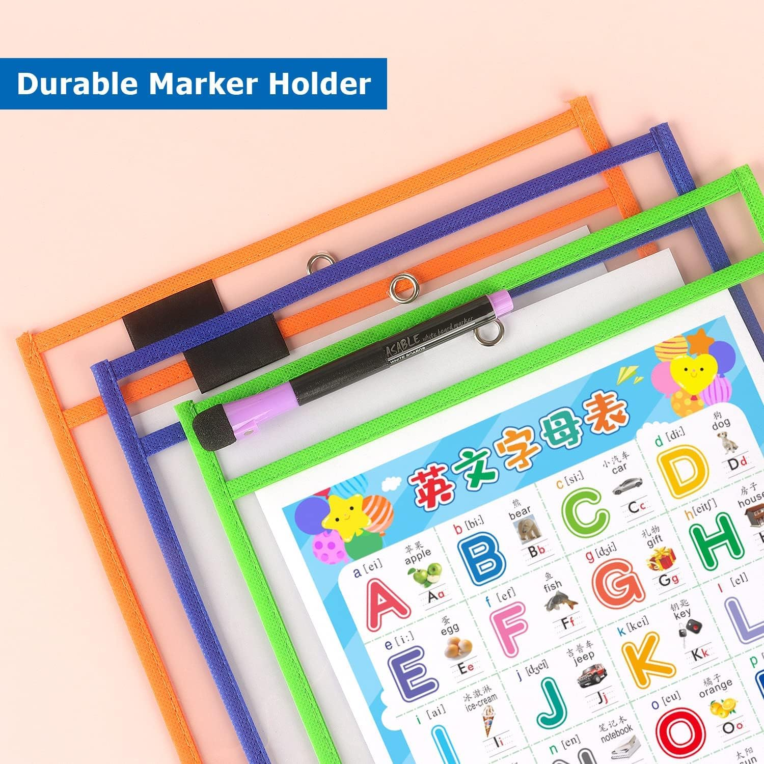 8 Pack Dry Erase Pockets Sleeves with Rings, 10 X 14 Inch Ticket Holders Clear Plastic Sleeves Sheet Protectors for Teacher Classroom Sleeves, 8 Assorted Colors