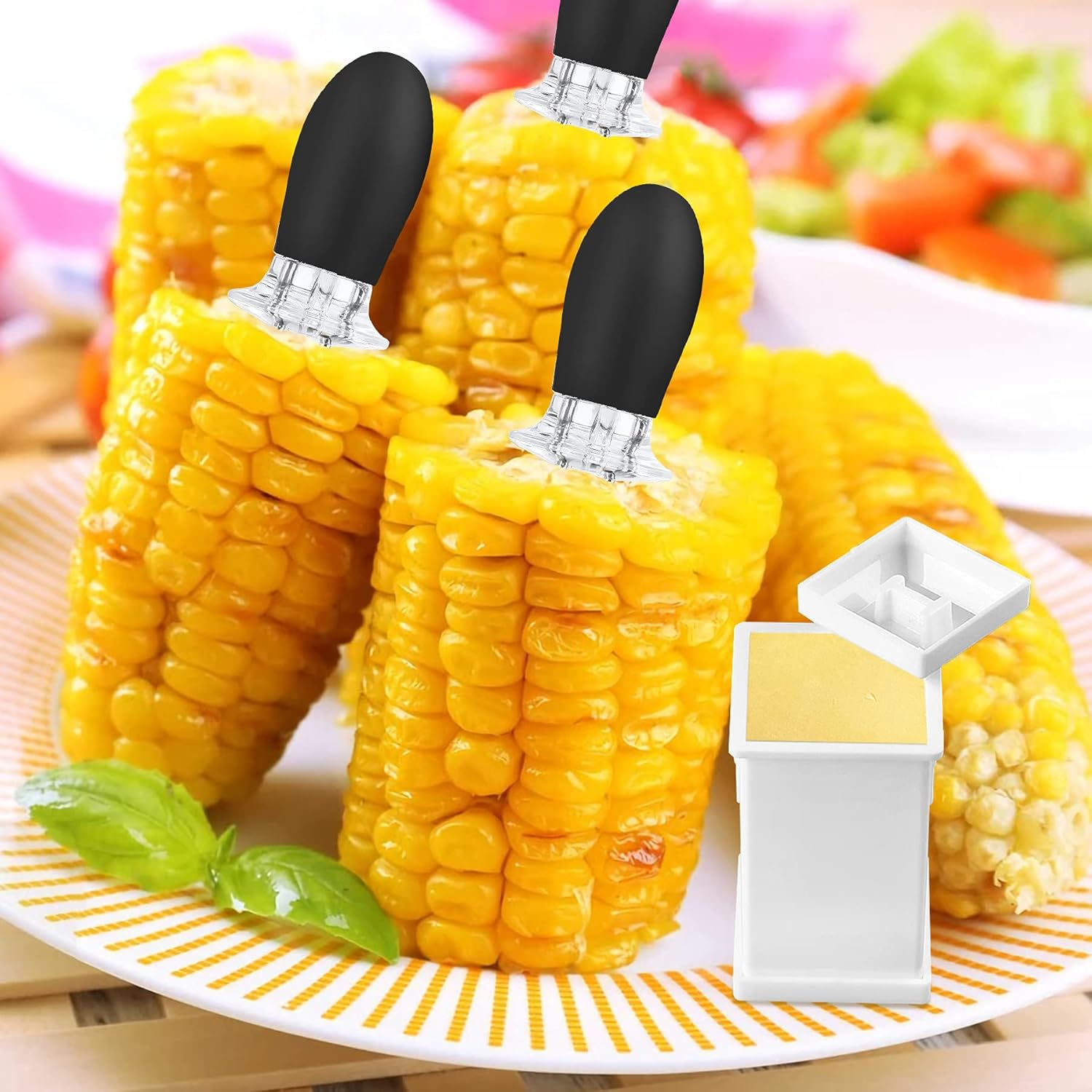 AUGSUN 18Pcs/9Pairs Black Corn Holders, Stainless Steel Corn Cob Holders Corn on the Cob BBQ Fork Skewers with Butter Spreader for Home Cooking Parties Camping image number 3