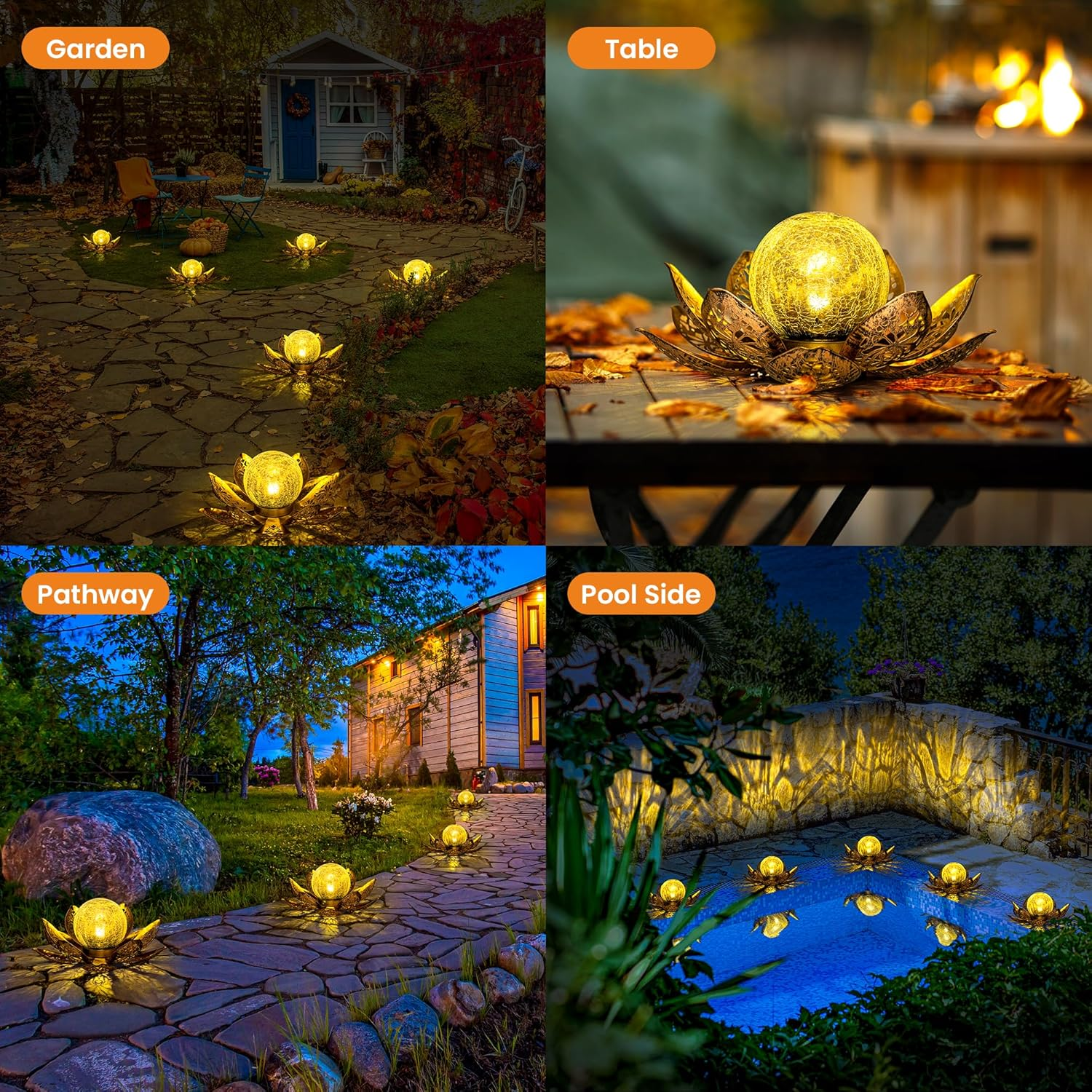 PATIOPIA Solar Lights Outdoor Garden Decor, Adjustable Metal Petal Lotus Flower Lights Crackle Globe Glass Lantern Outdoor Table Decor Waterproof for Patio, Lawn, Pathway, Pond Gift image number 2
