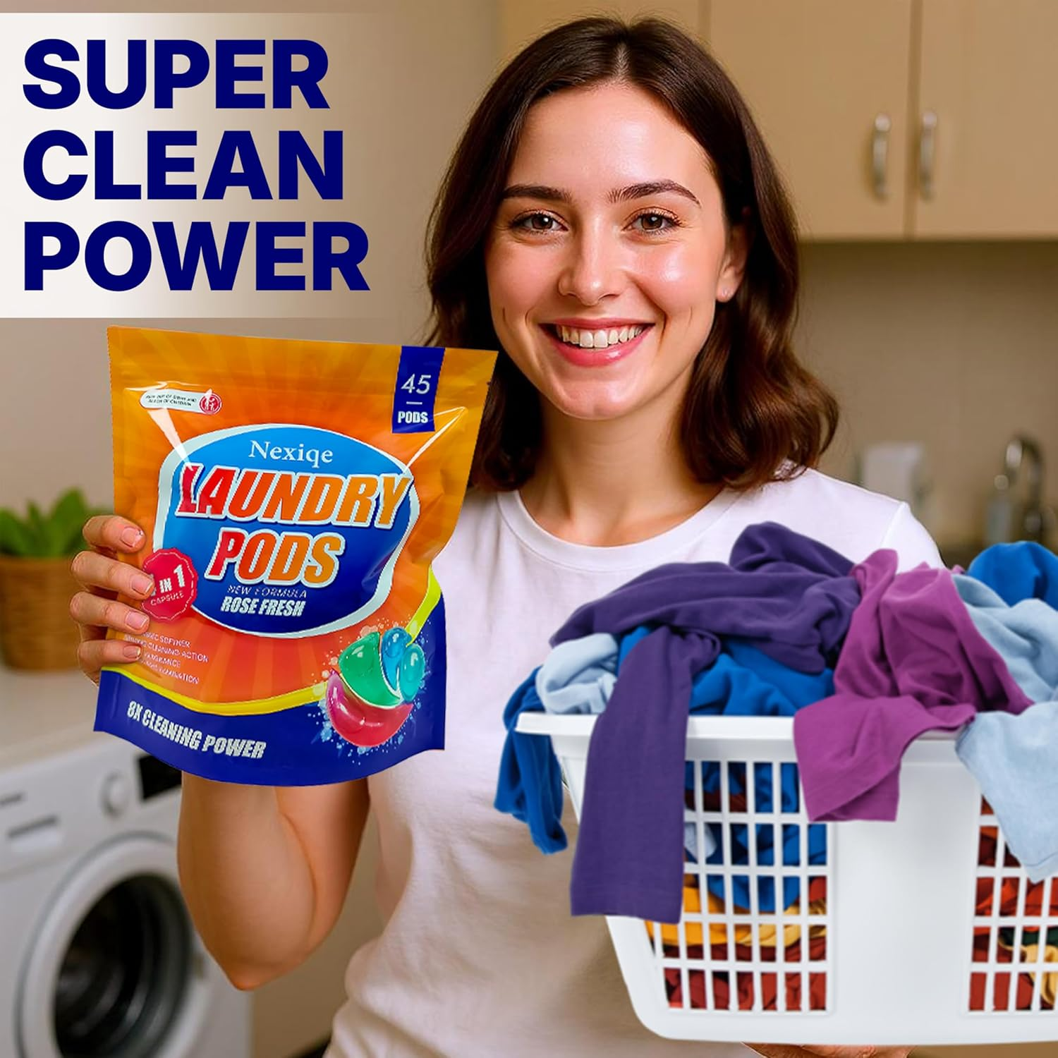 Nexiqe Laundry Pods &ndash; 45 Count | 4-In-1 Enzyme Capsules with Rose Fresh Scent | Free from Harsh Chemicals | Family-Safe | Front & Top Load Machine Compatible image number 1