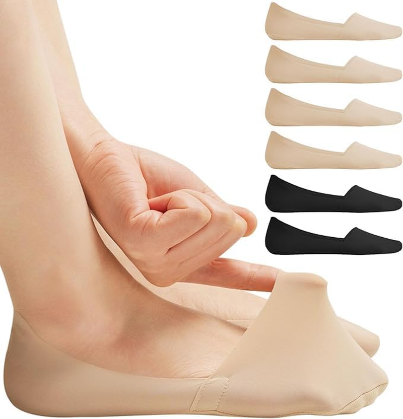 No Show Socks for Women, Non Slip Nylon Thin Footies Invisible Silky Low Liner Socks for Loafers Flats 6 Pairs