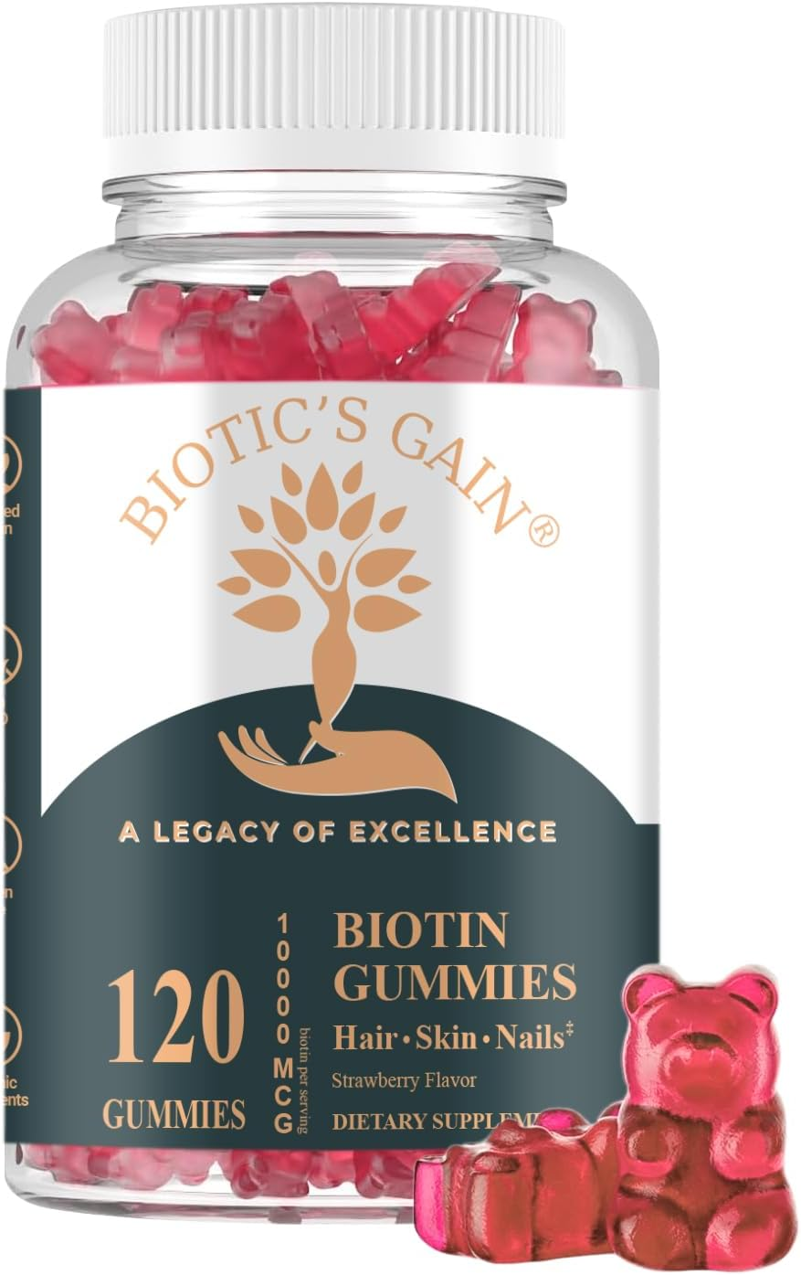 Biotic'S Gain Biotin Gummies, 10000 Mcg, Hair Skin and Nail Support, with Vitamins a C D E B6 B12 and Zinc, Vegan, Sugar Free, 120 Count