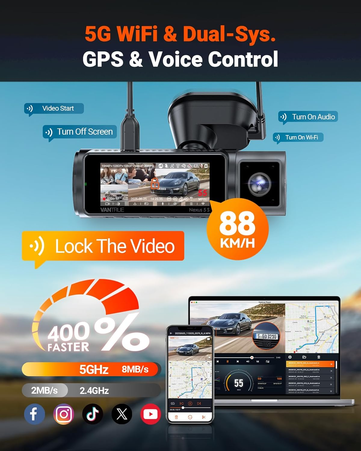 Vantrue N5S 4 Channel Dash Cam, 4 Way STARVIS 2, Upgrade 2.5K Rear Cam, 2.7K+1080P+1080P+1440P Dash Camera with IR Night Vision WDR/HDR, GPS/5G Wifi, 24H Parking Mode, Option LTE, Support 1TB Max image number 3