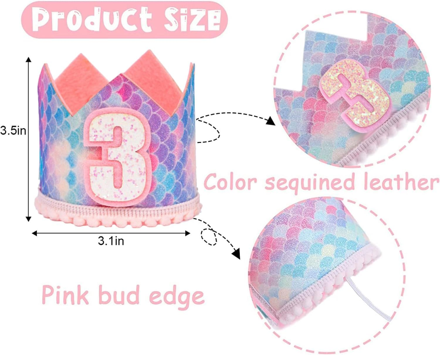 Mermaid 3Rd Crown Birthday Hat Mini Crown Party Decorations 3Rd Hat for Baby Girls Birthday Party Supplies image number 2