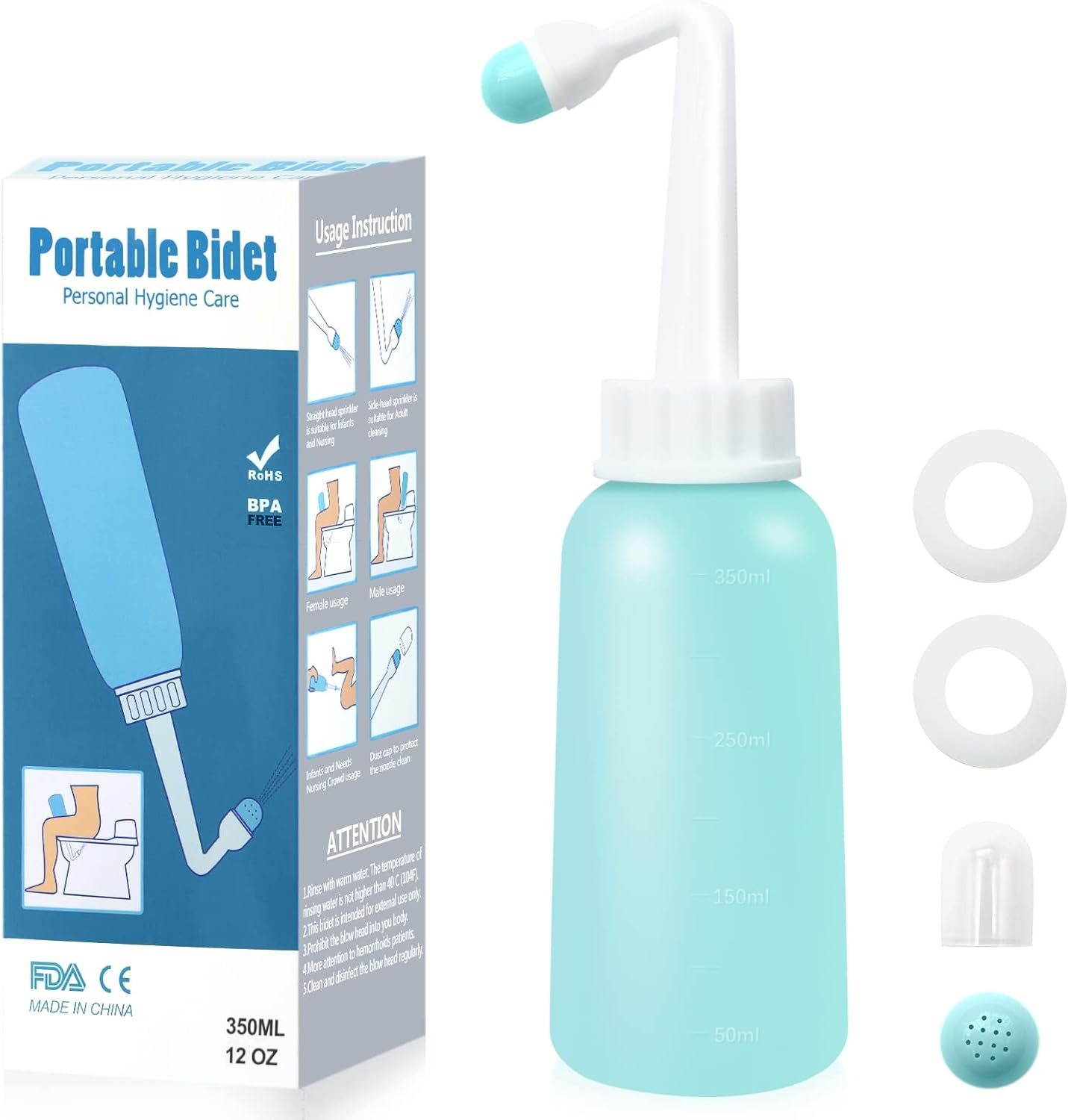 RUFCRIL Mini Peri Bottle, 350Ml Portable Travel Bidet with Extra Ring and Carry Bag, TPE Material for High Temperature Resistance, Essentials for Postpartum Perineal Care,Hemorrhoid Treatment, Blue