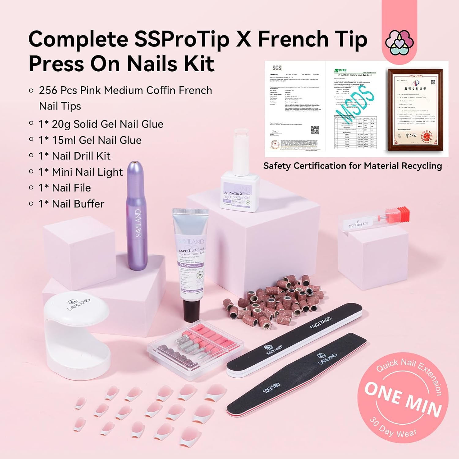SAVILAND Press on Nails: Everlasting Gels Nail Kit Pink Medium Coffin Nail Tips 256 Pcs Full Cover Soft Gel Fake Nails with Solid Nail Glue Gel U V Lamp Nail Drill French Tip Tool Home DIY image number 1