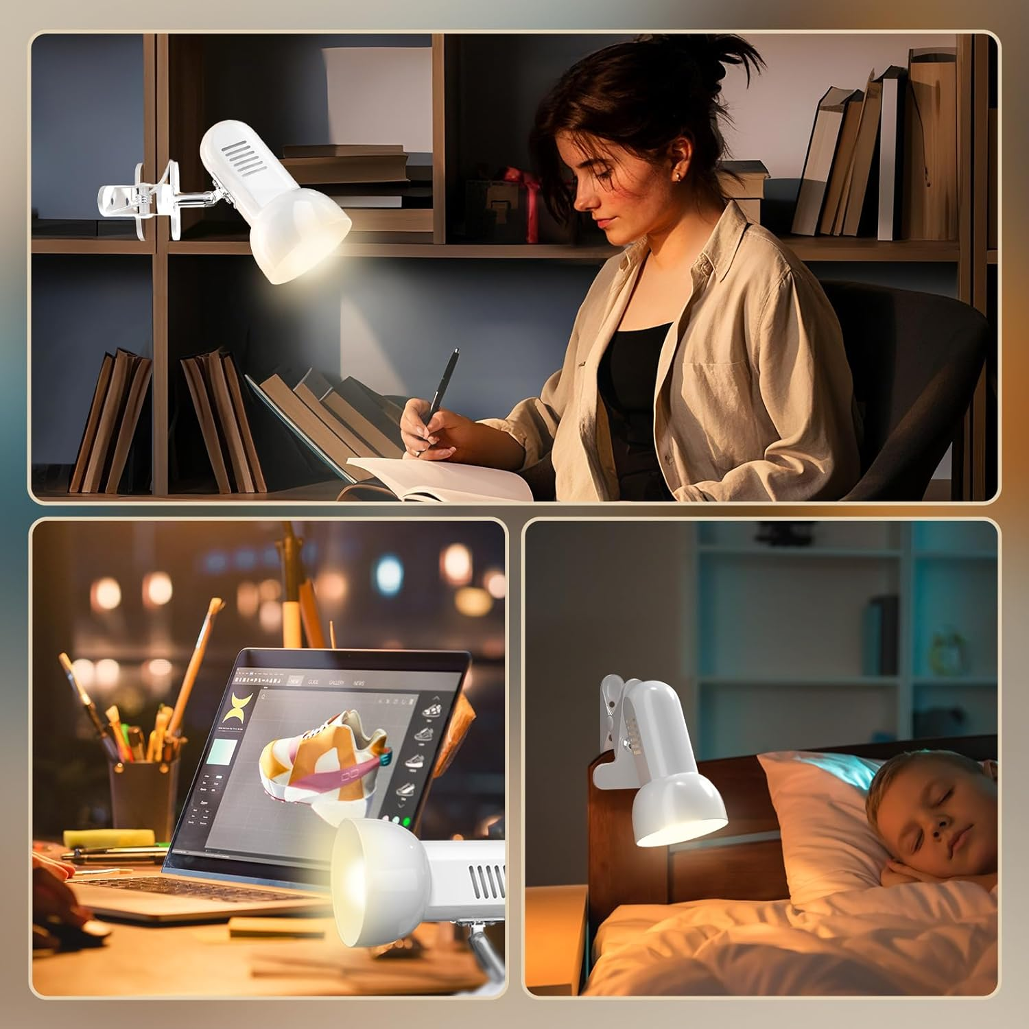 Tobebright Clip on Reading Light for Bed, Desk Clamp E27 Adjustable Holder with Plug and Switch, 360Degree Rotating Headboard Lamp Bedside Grow Light Portable Little Spotlight White(Bulb Not Included)