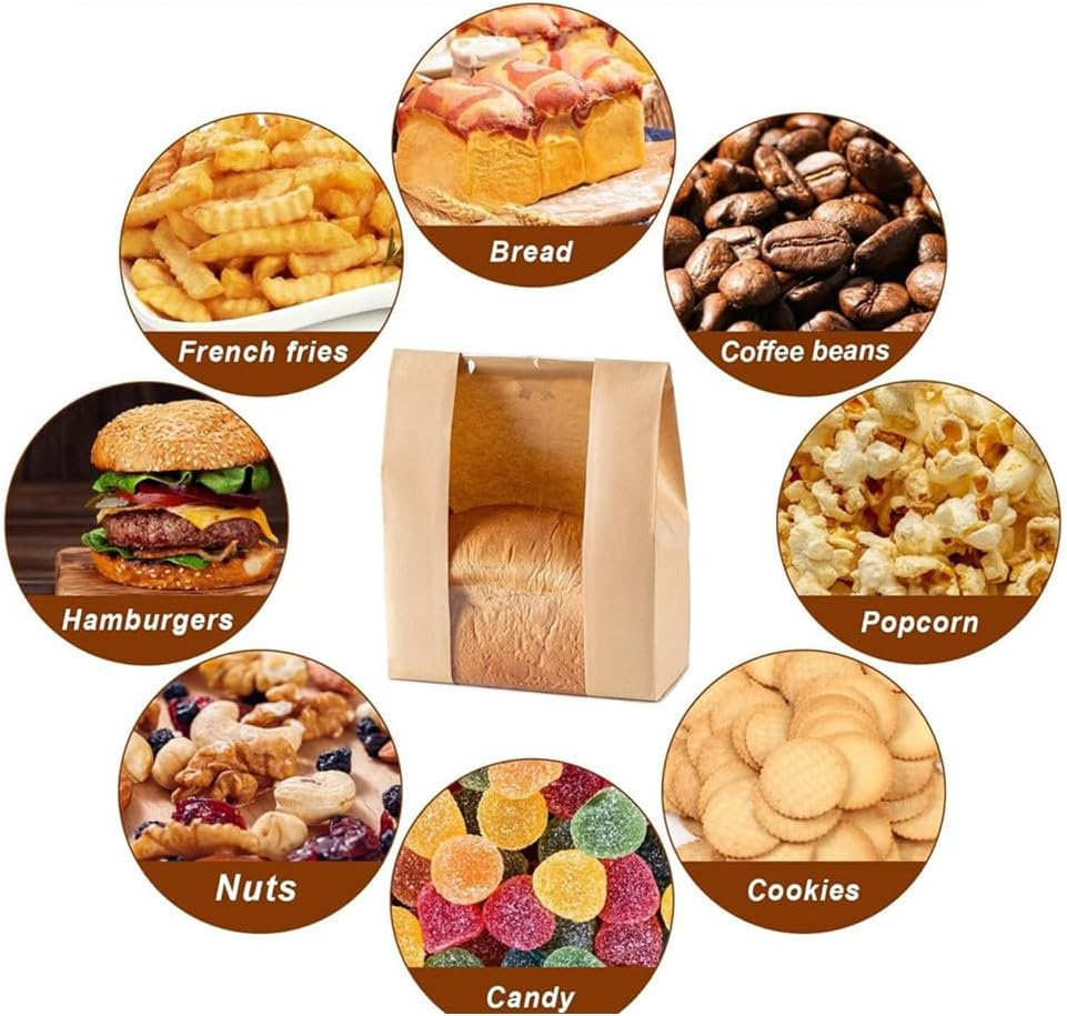 50PCS Paper Bread Bags, CAASFOOY Large Kraft Homemade Bread Sourdough Bags Kraft Paper Bakery Bags with Window,For Bread, Sandwiches, Coffee Beans (35 * 21 * 9Cm) image number 4