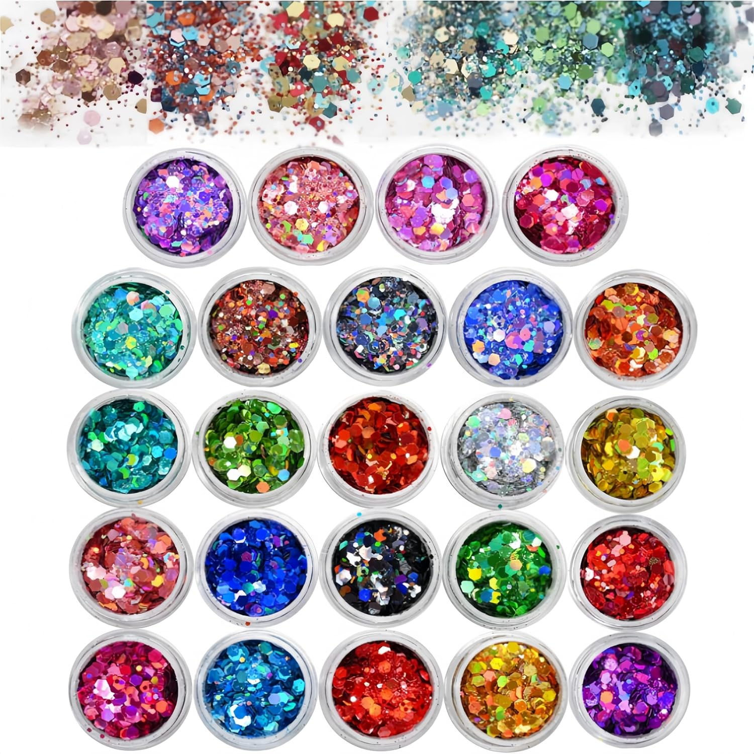 24 Jars Holographic Chunky Glitter for Crafts, Resin, Hair Face Body Makeup Nail, Crafts, Party Christmas Decorations, Different Size Hexagons Shaped