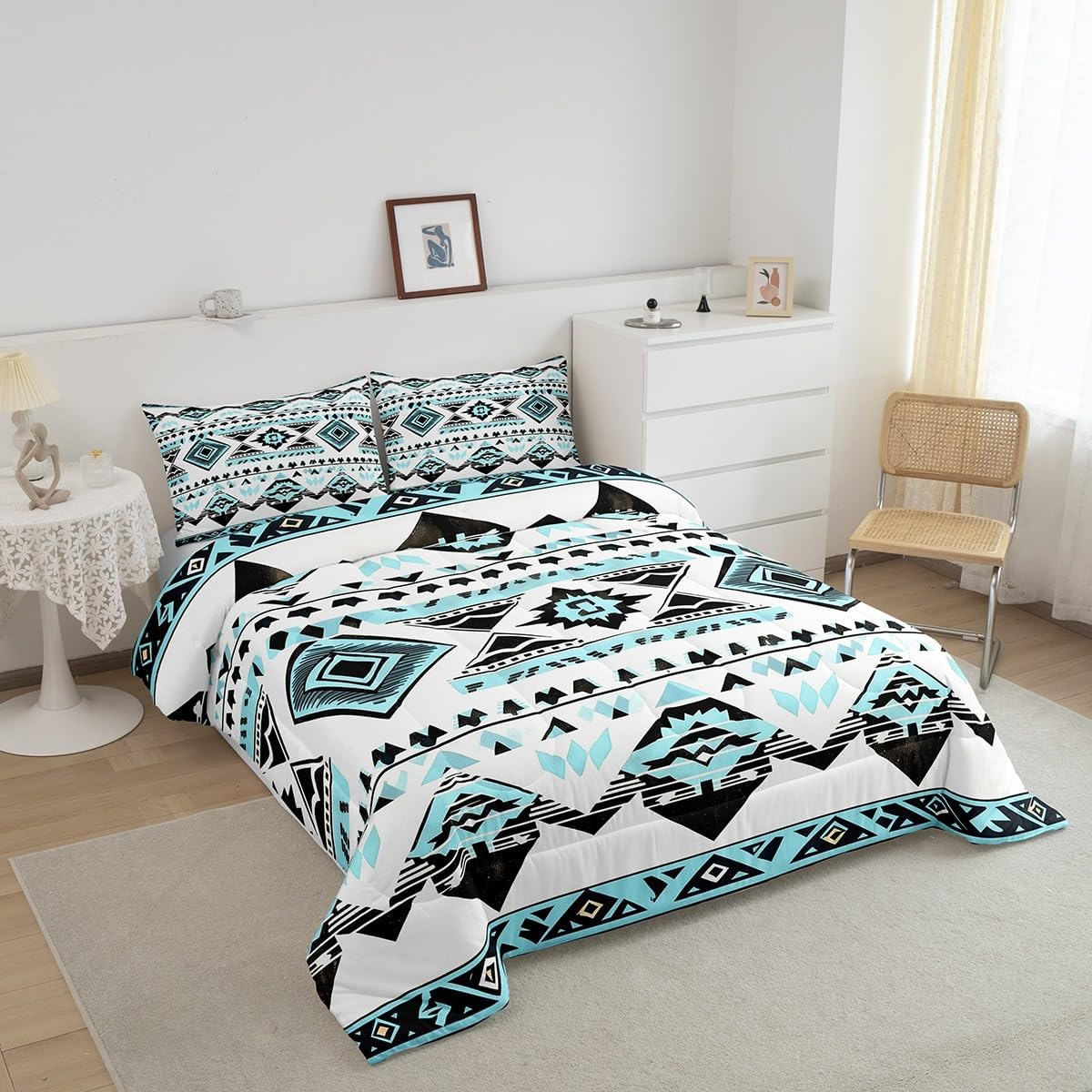 Loussiesd Southwestern Duvet 135 X 200 Cm Boho Geometric Western Quilt for Room Decor Tribal Native American Pattern 4-Seasons Duvet Blue Black Breathable Duvet image number 1