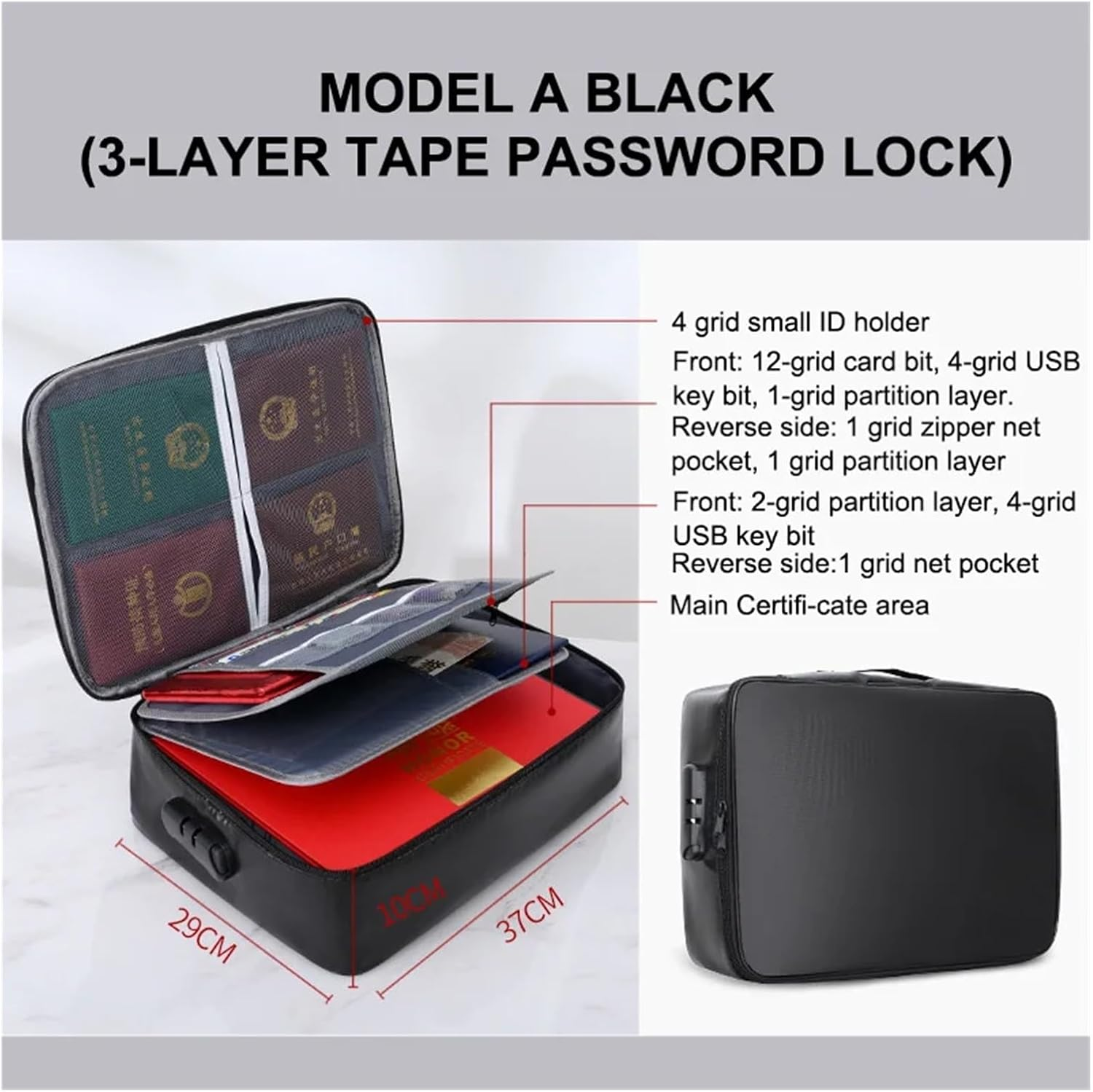 Safe Box, Fireproof Document Password Bag Travel Waterproof File Money Storage Safe Papers Zipper Safety Organizer Multi-Layer Card Case(Black) - Grey image number 4