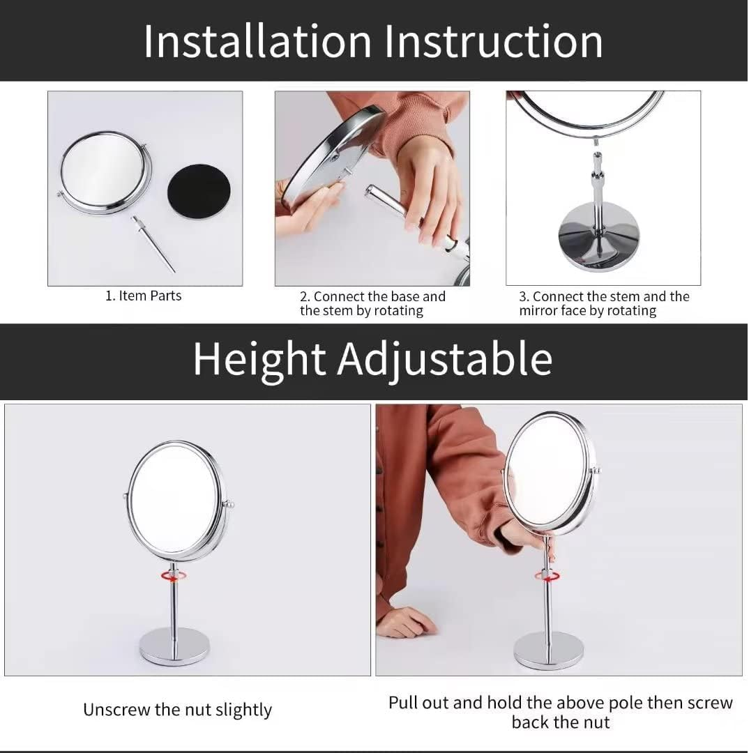 Zarek 8 Inch Makeup Mirror with 10X Magnification, Make up Mirror Double-Sided, Table Mirror with Pedestal for Shaving, Standing Mirror Height Adjustable Chrome Finish (8 Inch, 10X) image number 3