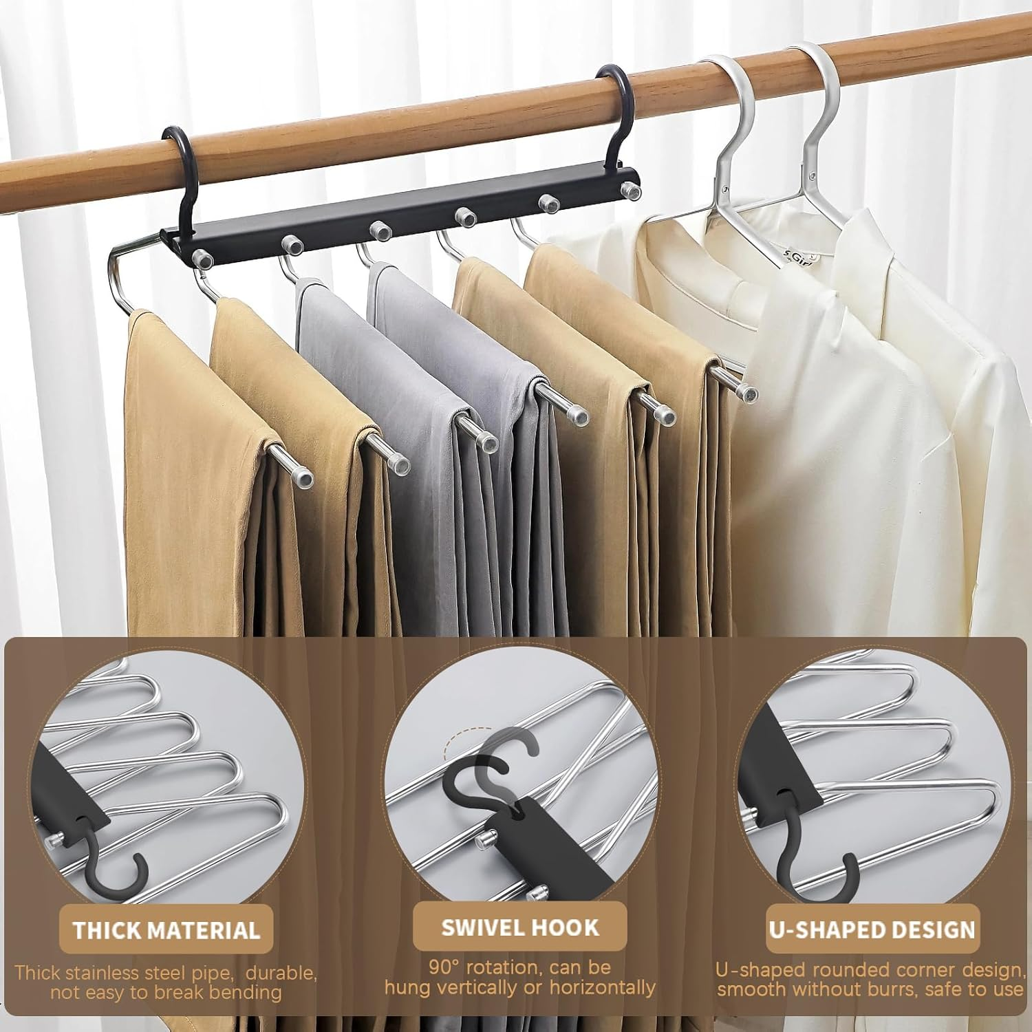 2 Pack Pants Hangers,S-Type Jeans Hanger Space Saving Folding and Telescoping Non-Slip Trousers Organizer 6 Layer Closet Organizers and Storage for Trousers Scarves Slack image number 5
