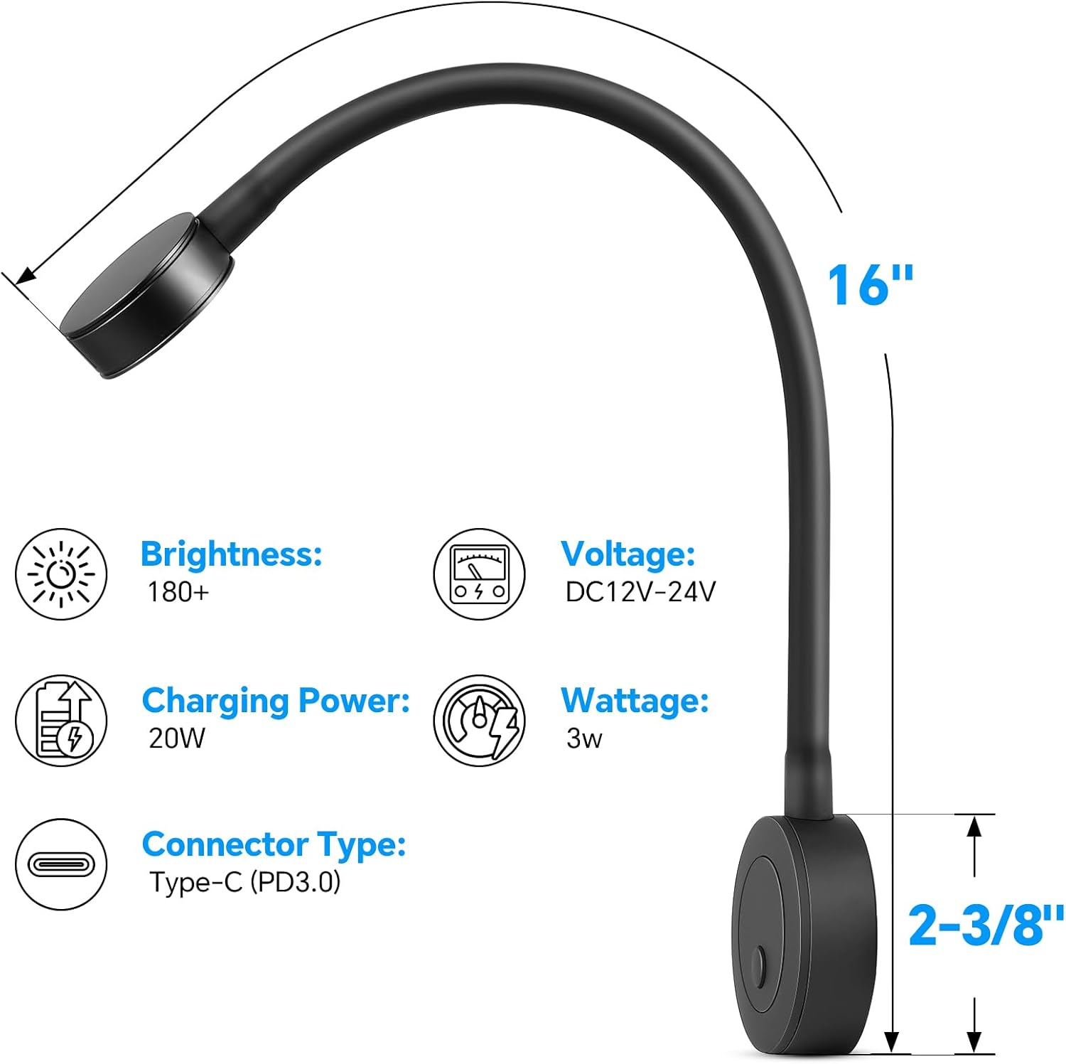 Acegoo 12V LED Reading Light, RV Boat Bedside Reading Lamp, 12 Volt Flexible Gooseneck Bed Light for Camper Van Trailer Truck Motorhome, Integral Switch & 20W Type-C Quick Charger image number 3