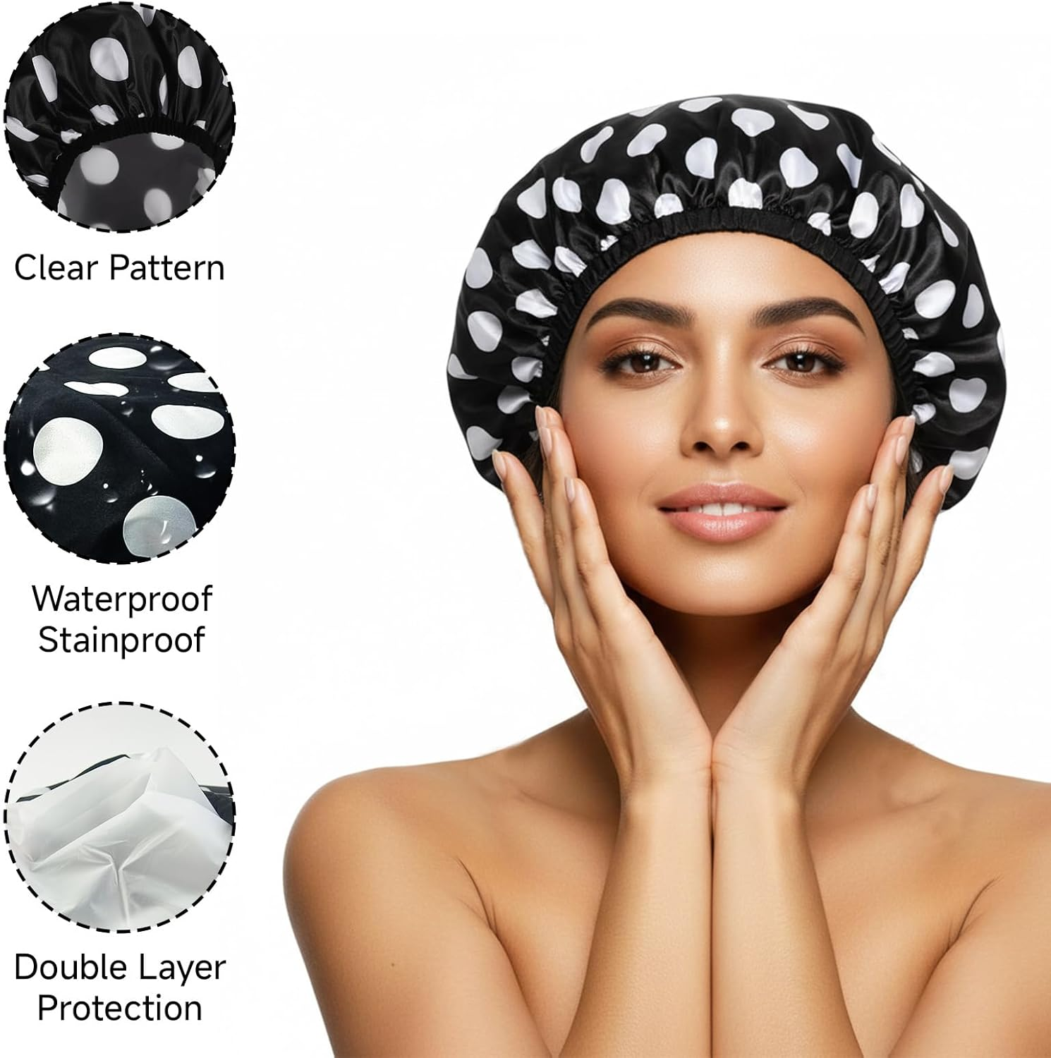 AIAOO Waterproof Large Shower Caps for Women, 2 PCS Reusable Bath Caps with 2 Hair Ties, Double Layers Shower Cap for Long Thick Hair, Fit Bath Cooking Cleaning Spa Skincare image number 5