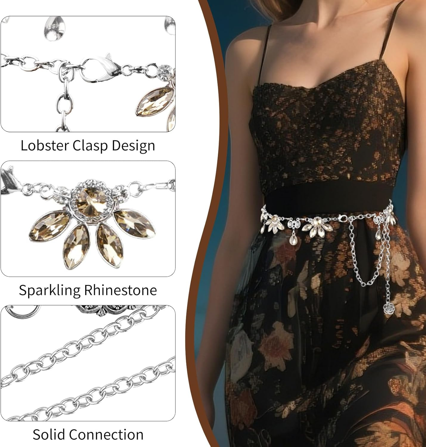 Women'S Floral Crystal Waist Chain Belt - Metal Rhinestone Western Belts Accessory Bling Bling Accessory for Dresses Jeans image number 5