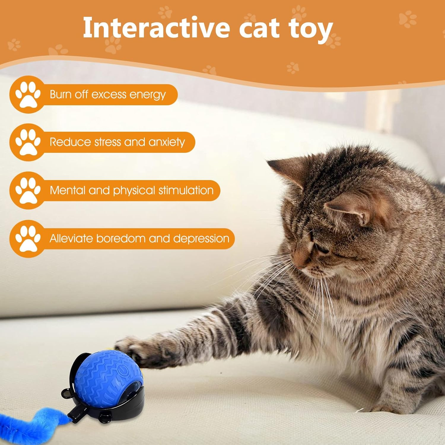 2Pcs Interactive Cat Toy for Indoor Cats, Speedy Ball with Tail, Automatic Moving Cat Balls for Bored Indoor Adult Cats, 360&deg;Automatic Rolling Ball Toy, Two Speed Adjustment（Orange&Blue） image number 2